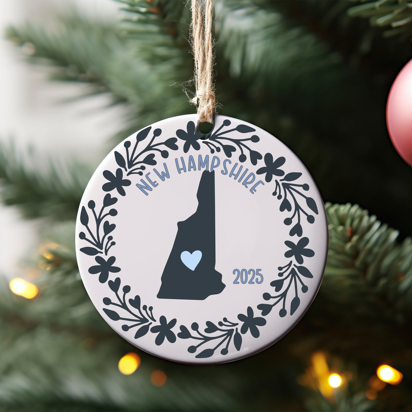 New Hampshire Floral State Ceramic Ornament with Customizable Year