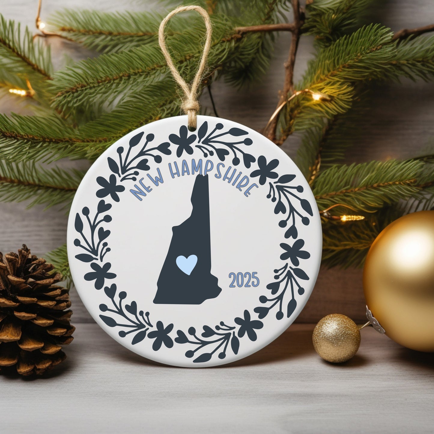 New Hampshire Floral State Ceramic Ornament with Customizable Year