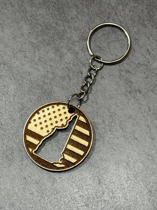 Engraved American Flag Wood Keychain with New Hampshire State Shaped Cut-Out