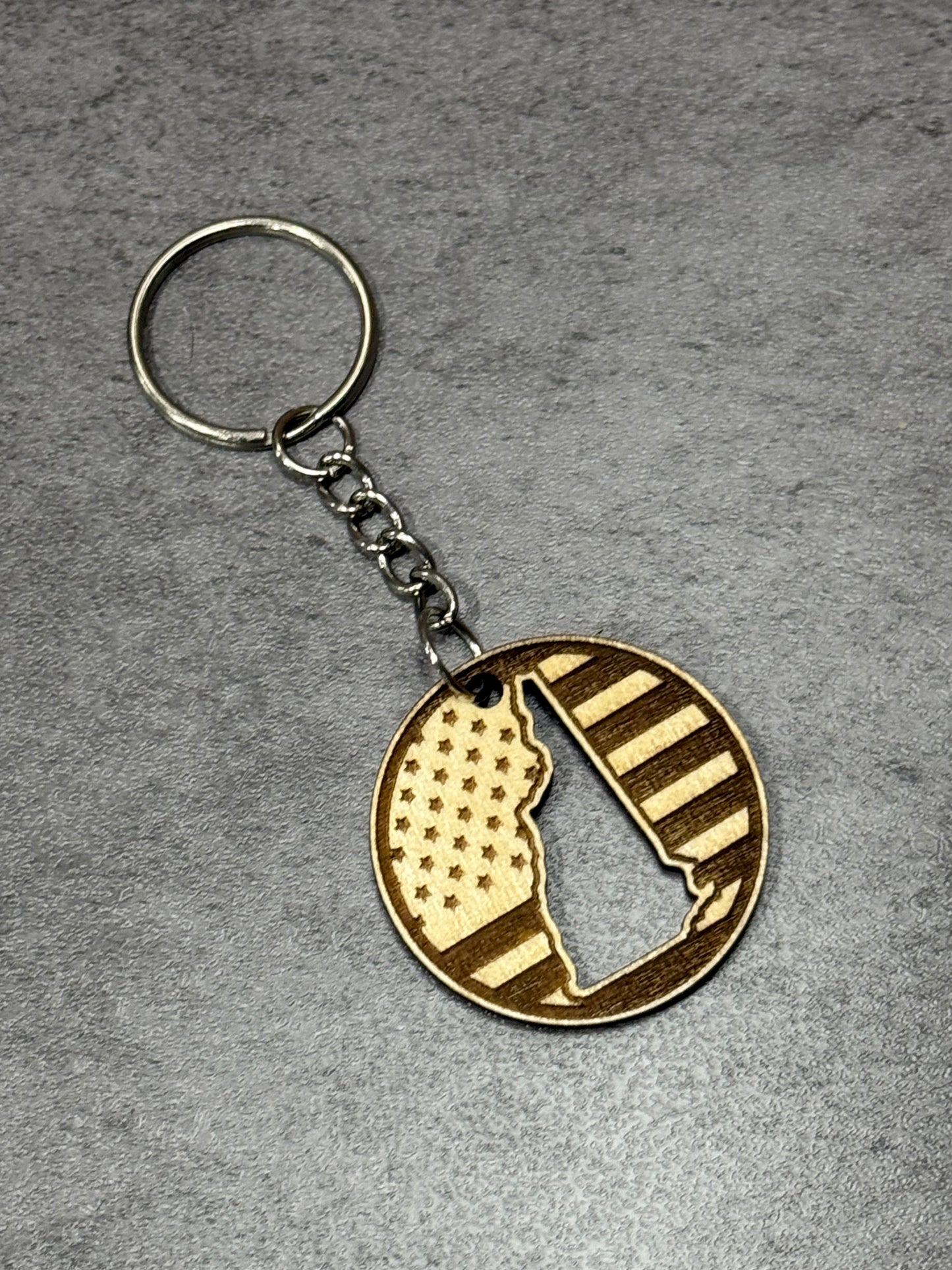 Engraved American Flag Wood Keychain with New Hampshire State Shaped Cut-Out