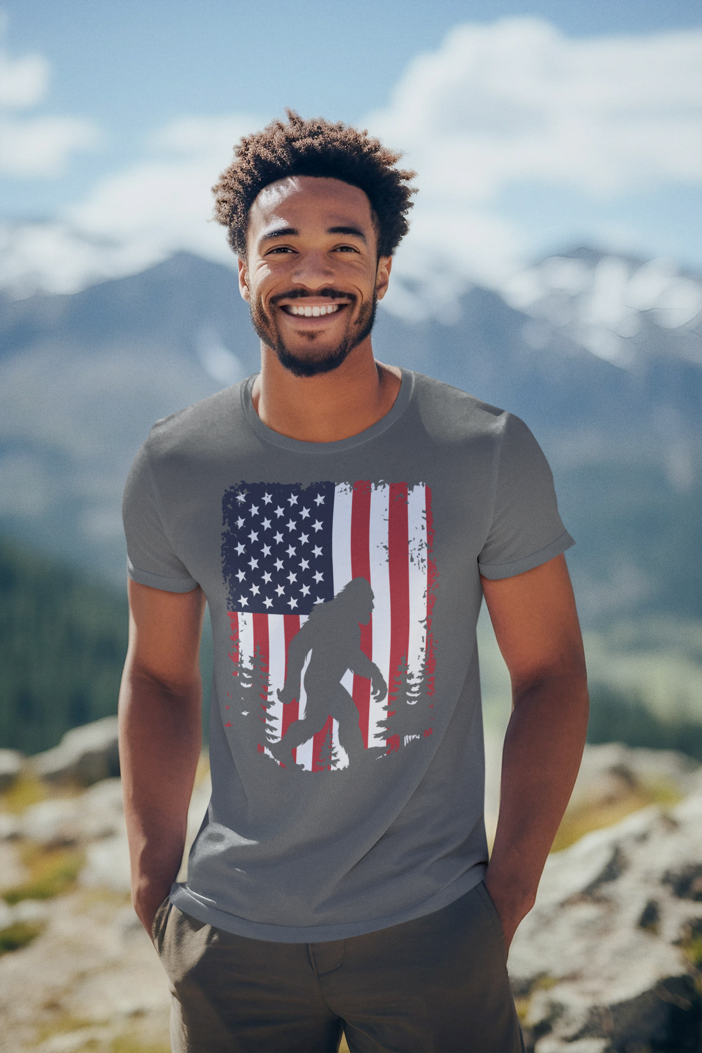 Patriotic Bigfoot T-Shirt – Distressed American Flag Sasquatch Tee for Men & Women