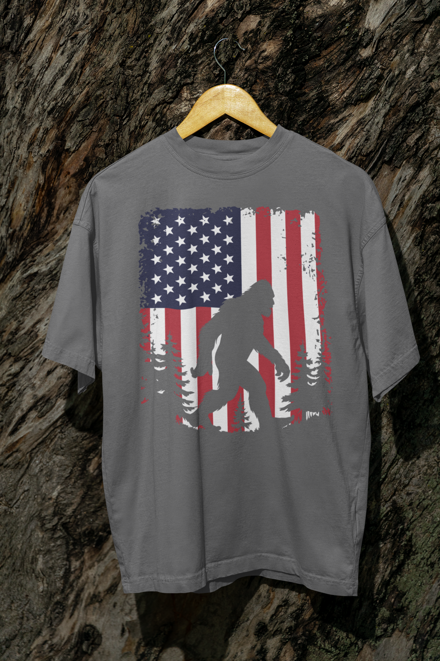 Patriotic Bigfoot T-Shirt – Distressed American Flag Sasquatch Tee for Men & Women