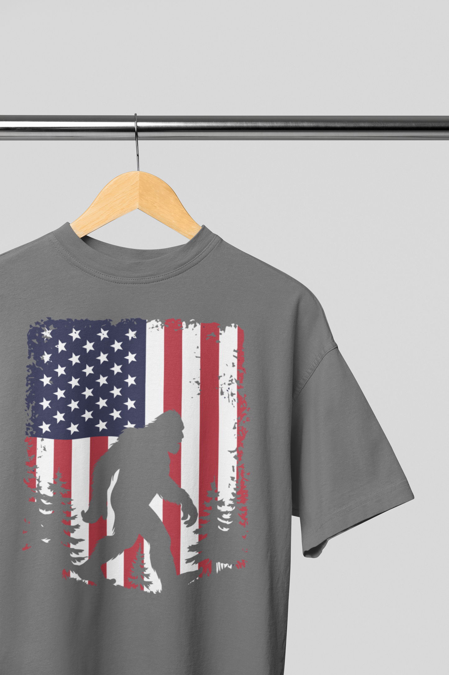 Patriotic Bigfoot T-Shirt – Distressed American Flag Sasquatch Tee for Men & Women