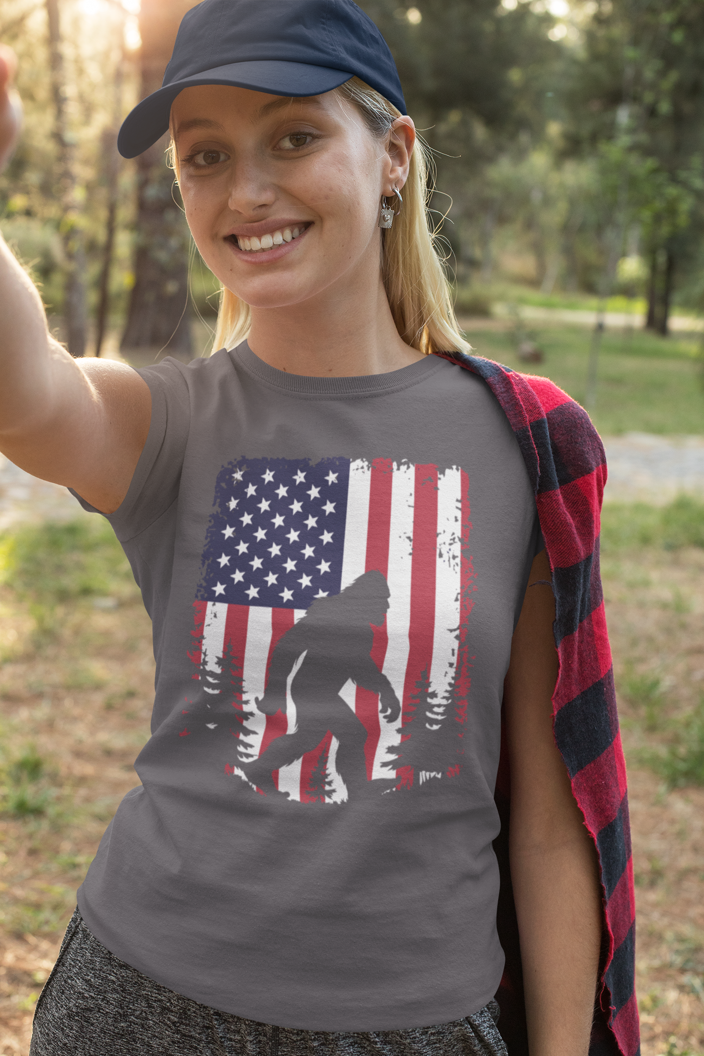 Patriotic Bigfoot T-Shirt – Distressed American Flag Sasquatch Tee for Men & Women