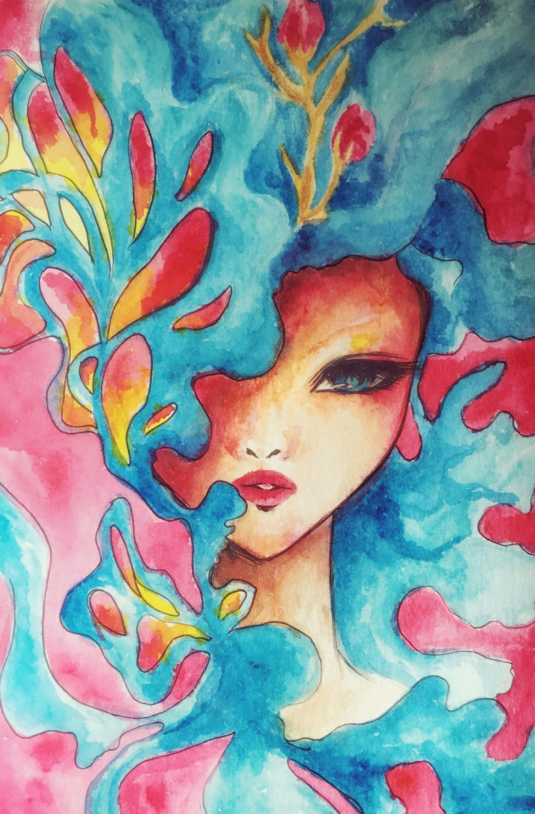 woman with blue and red hair painting