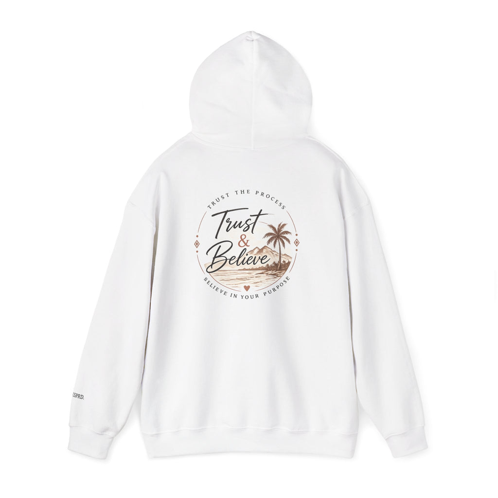 Trust & Believe Hoodie — Beach Palm Sunset Graphic Hooded Sweatshirt
