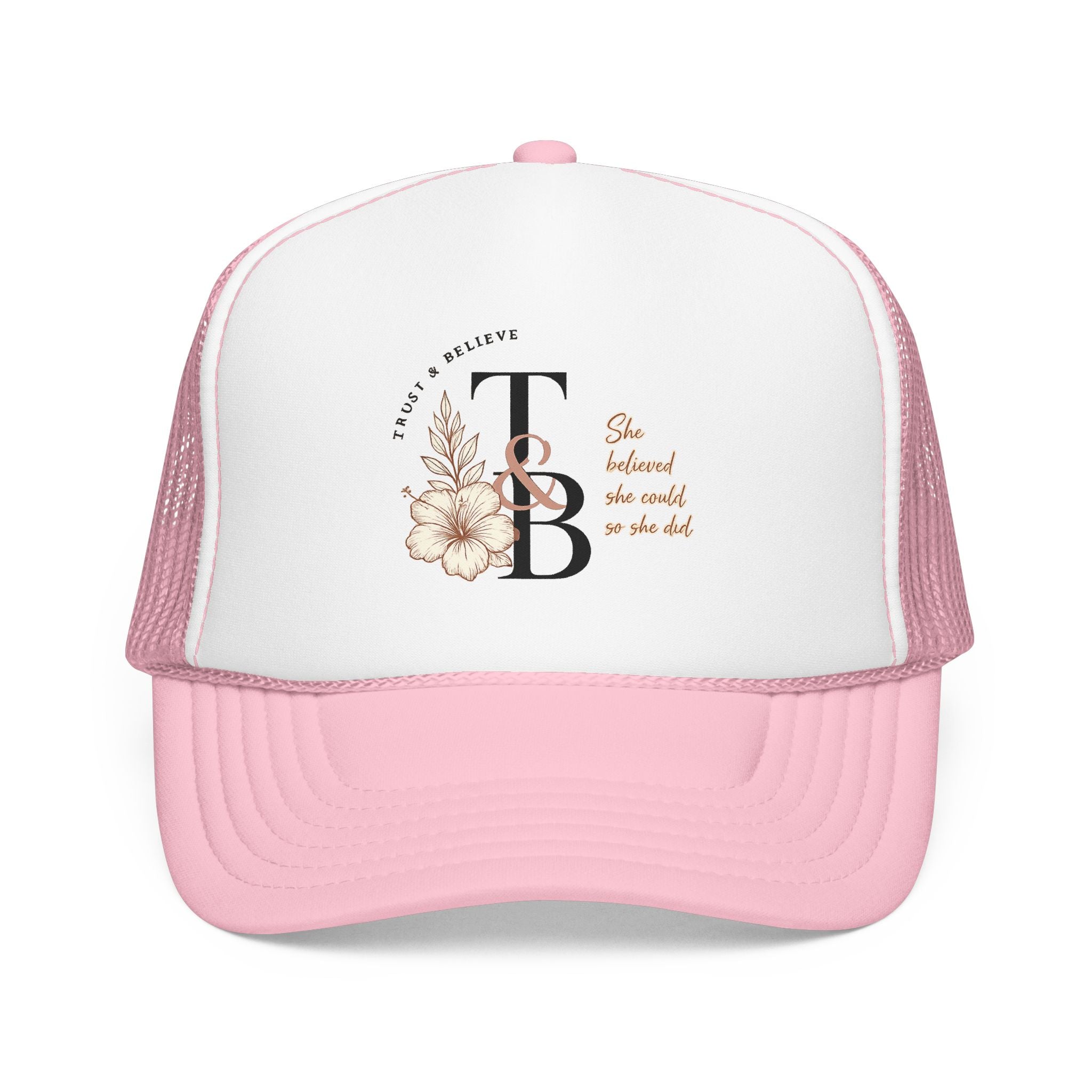 Trucker Hat — 'She Believed She Could So She Did' Floral Monogram