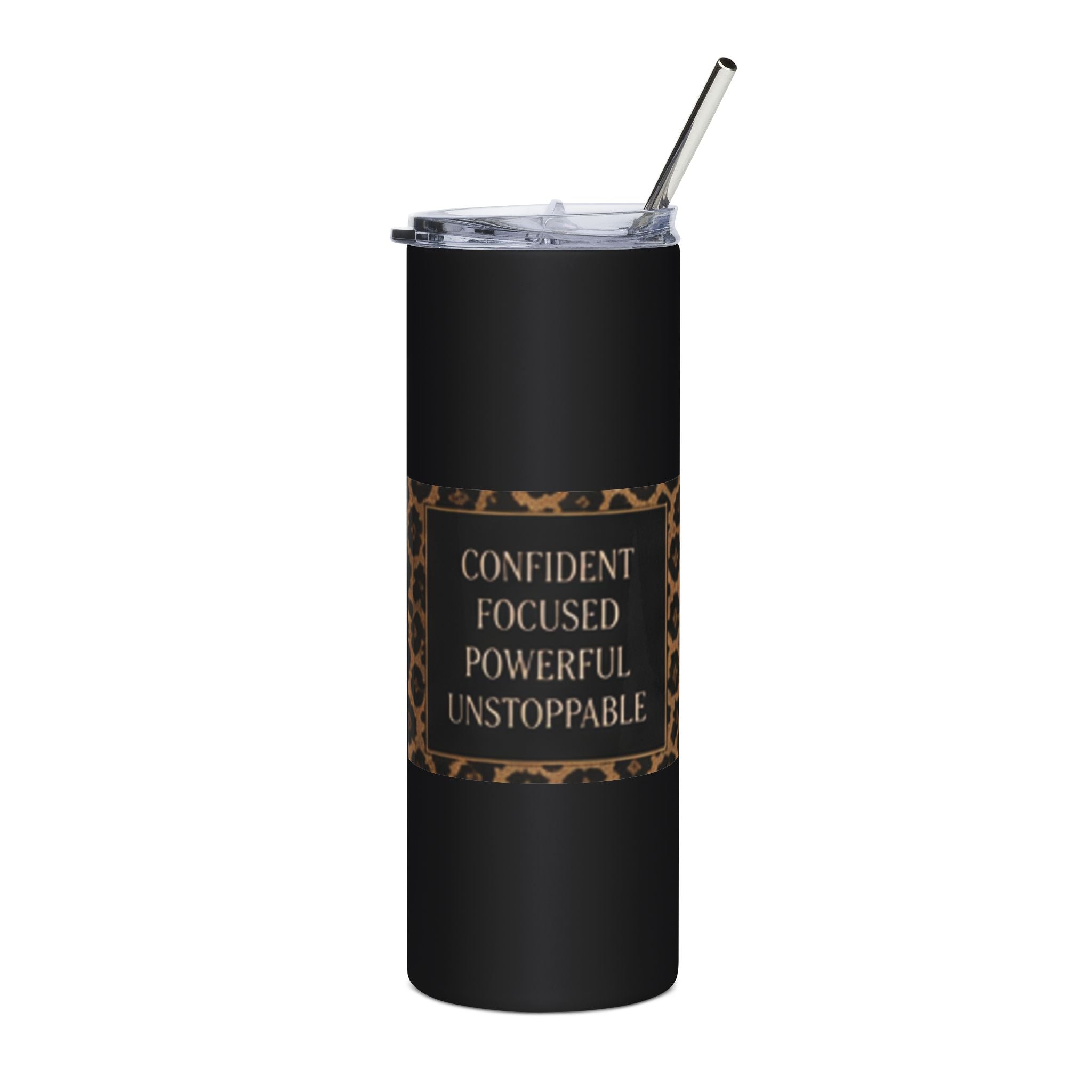 20oz Stainless Tumbler — "Confident Focused Powerful Unstoppable" Leopard Accent