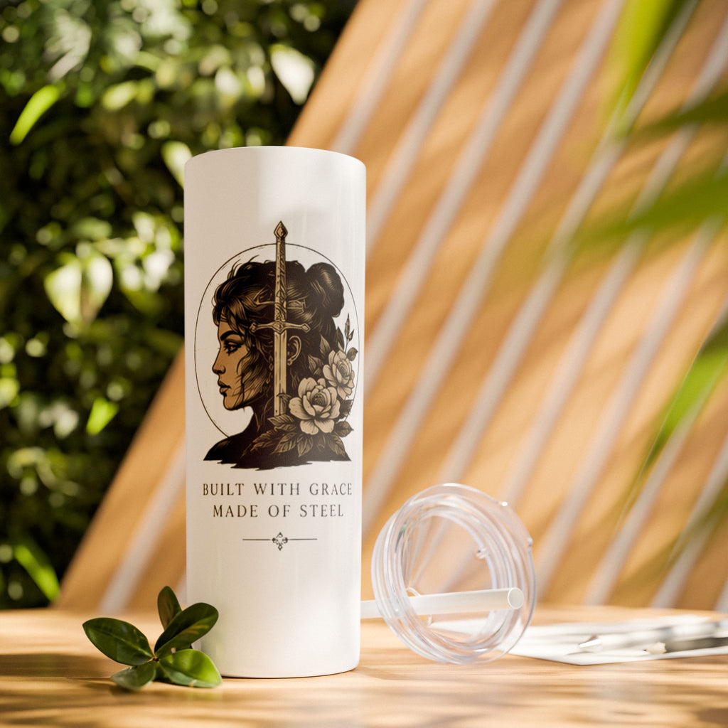 20oz Skinny Tumbler — “Built With Grace, Made of Steel” Warrior Woman Design