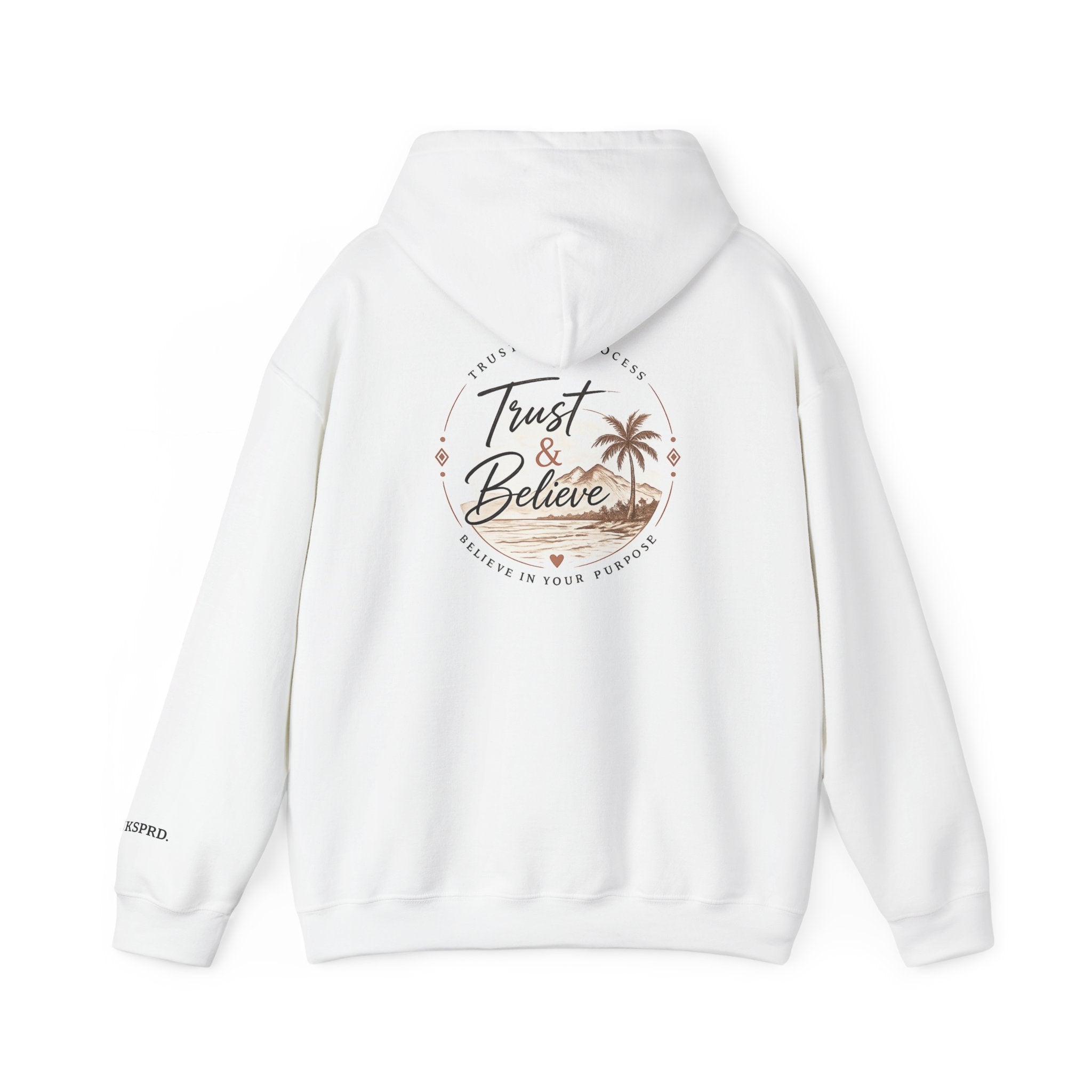Trust & Believe Hoodie — Beach Palm Sunset Graphic Hooded Sweatshirt