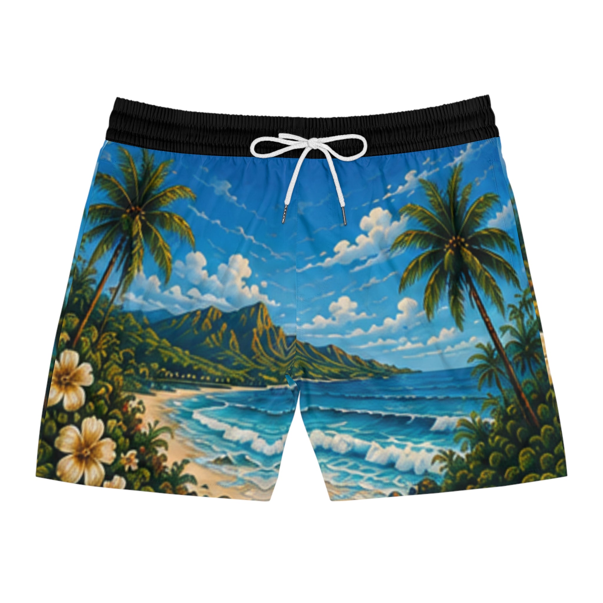 Tropical Beach Swim Shorts – Hawaiian Palm & Waves