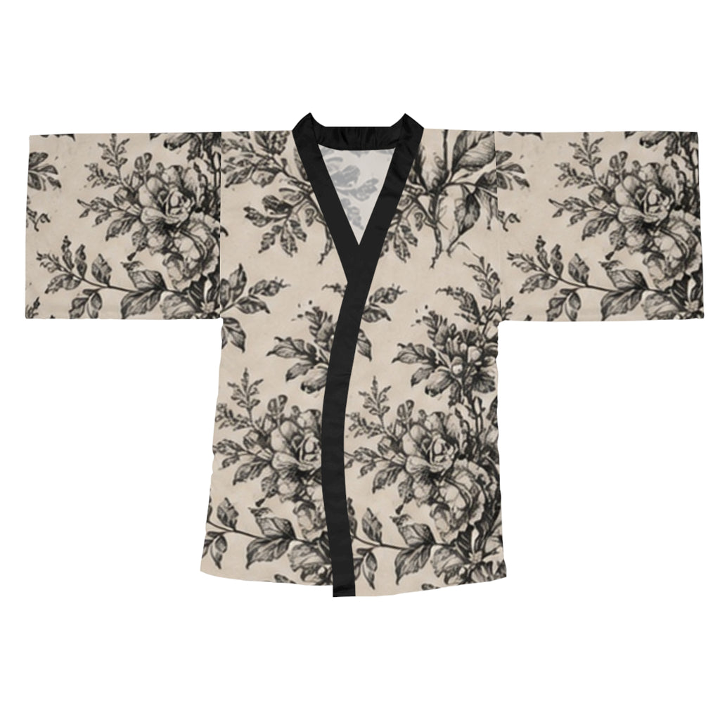 Floral Toile Kimono Robe — Long Sleeve Vintage Rose Lounge Jacket