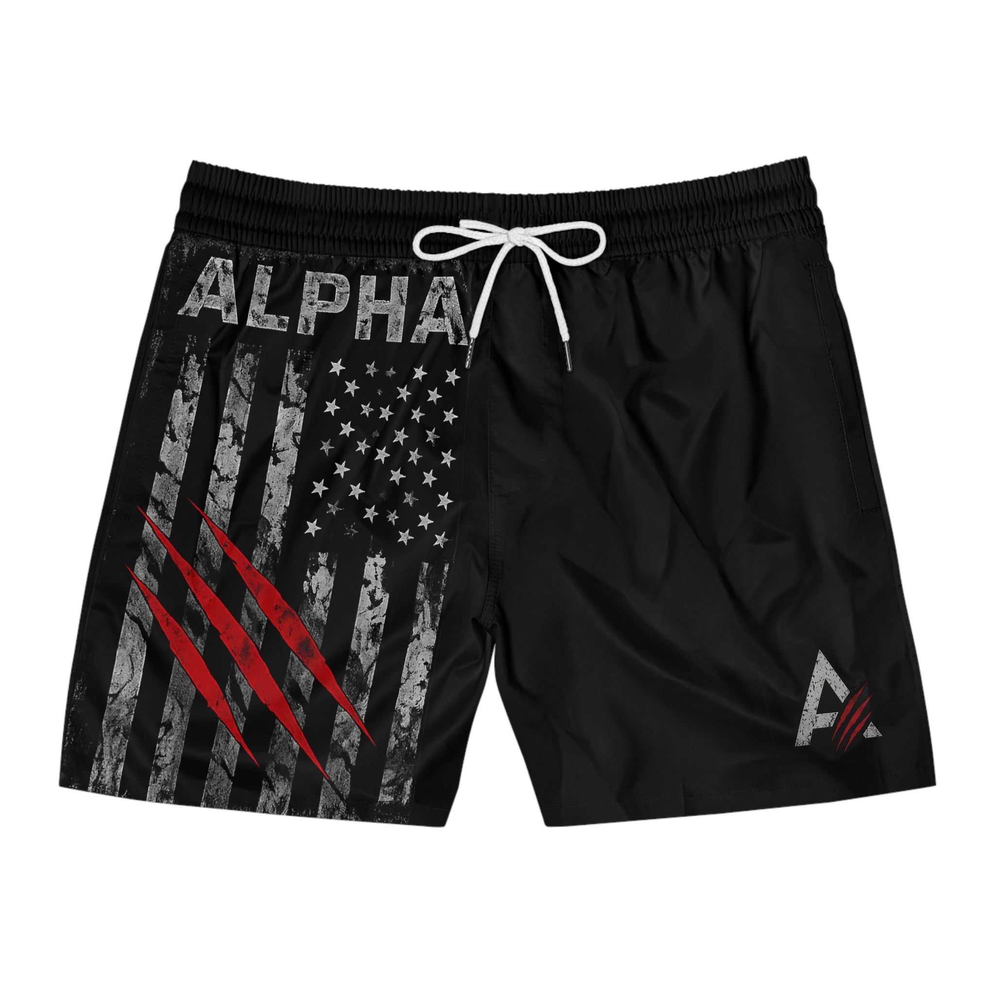 Alpha Tactical Swim Shorts — American Flag & Claw Mark Men’s Mid-Length Boardshorts