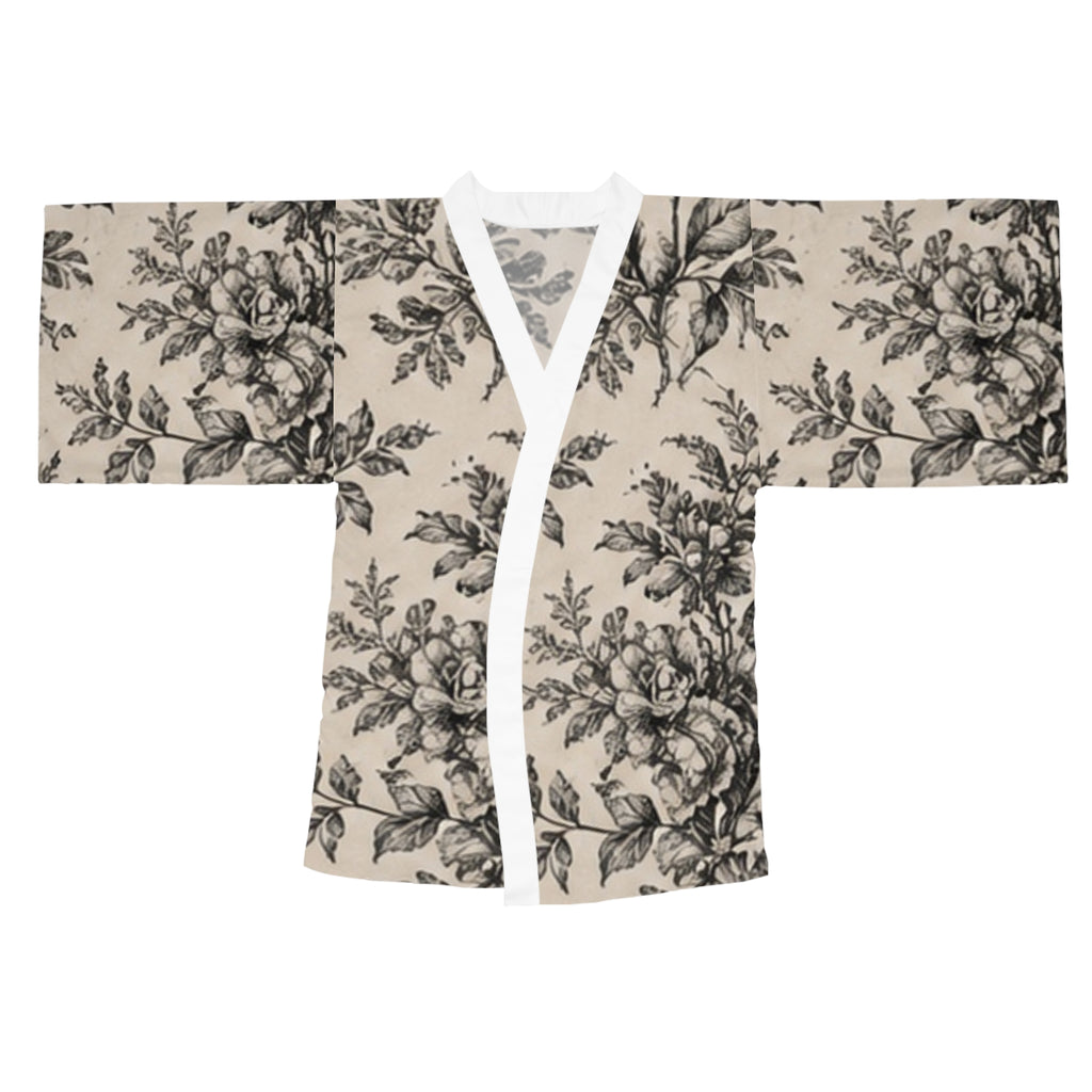 Floral Toile Kimono Robe — Long Sleeve Vintage Rose Lounge Jacket