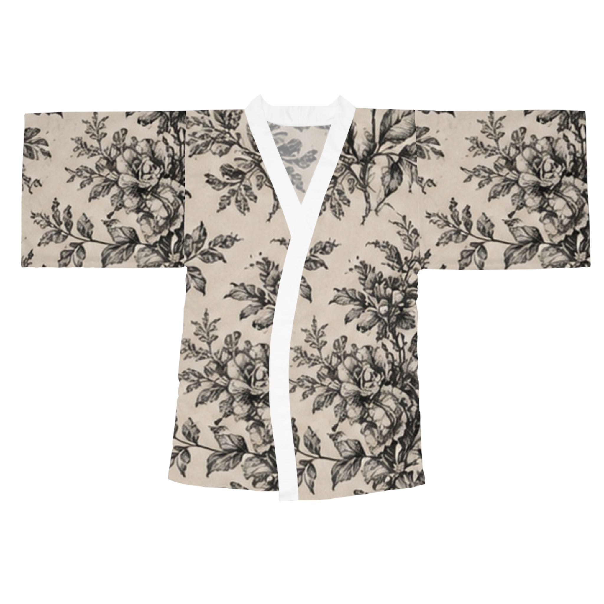 Floral Toile Kimono Robe — Long Sleeve Vintage Rose Lounge Jacket