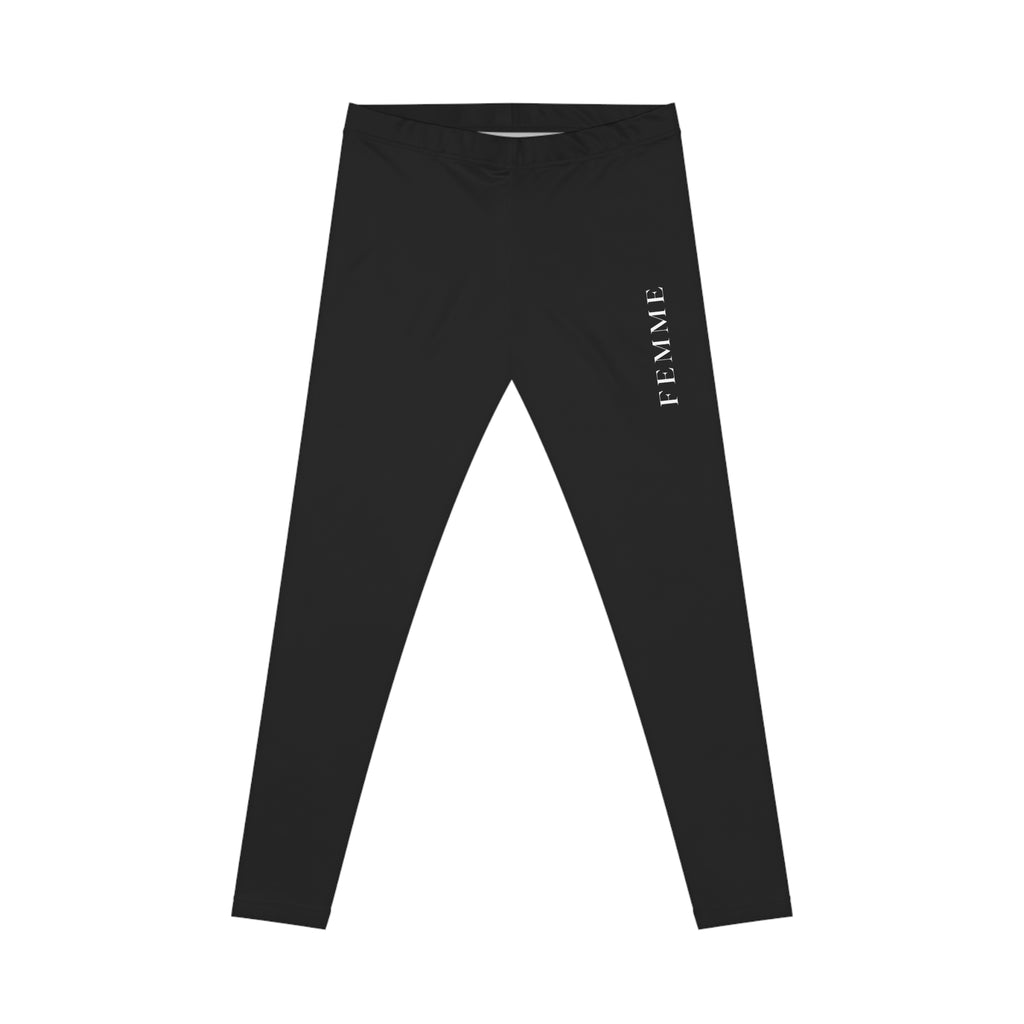 Minimal Black Leggings with Vertical 'Femme' Accent — Women's Casual Activewear