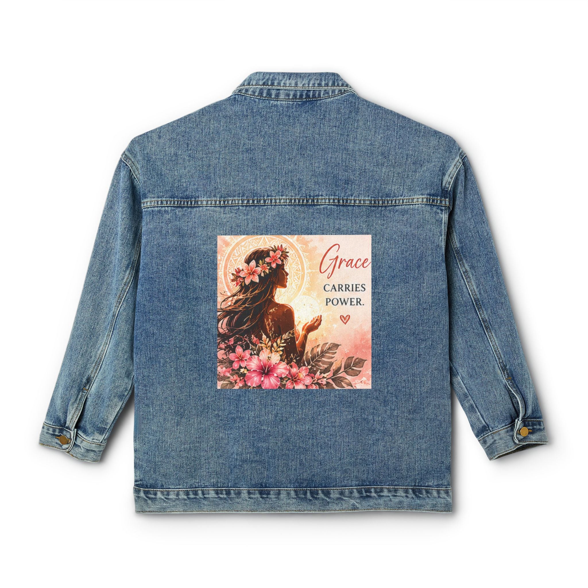 Women's Denim Jacket — "Ma femme. Grace Carries Power" Feminine Mana Design