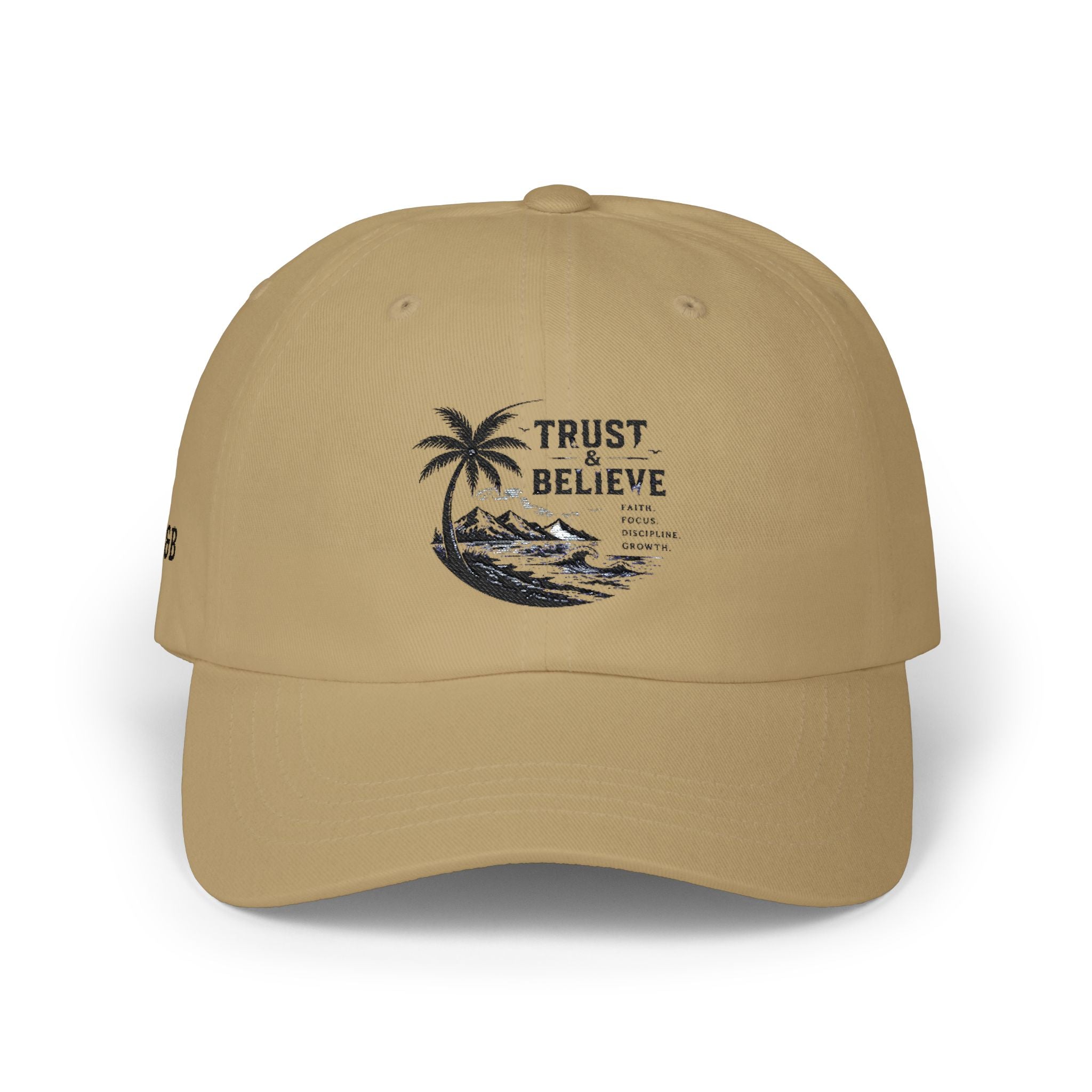 Dad Cap – "Trust & Believe" Palm Tree Wave Embroidered Hat