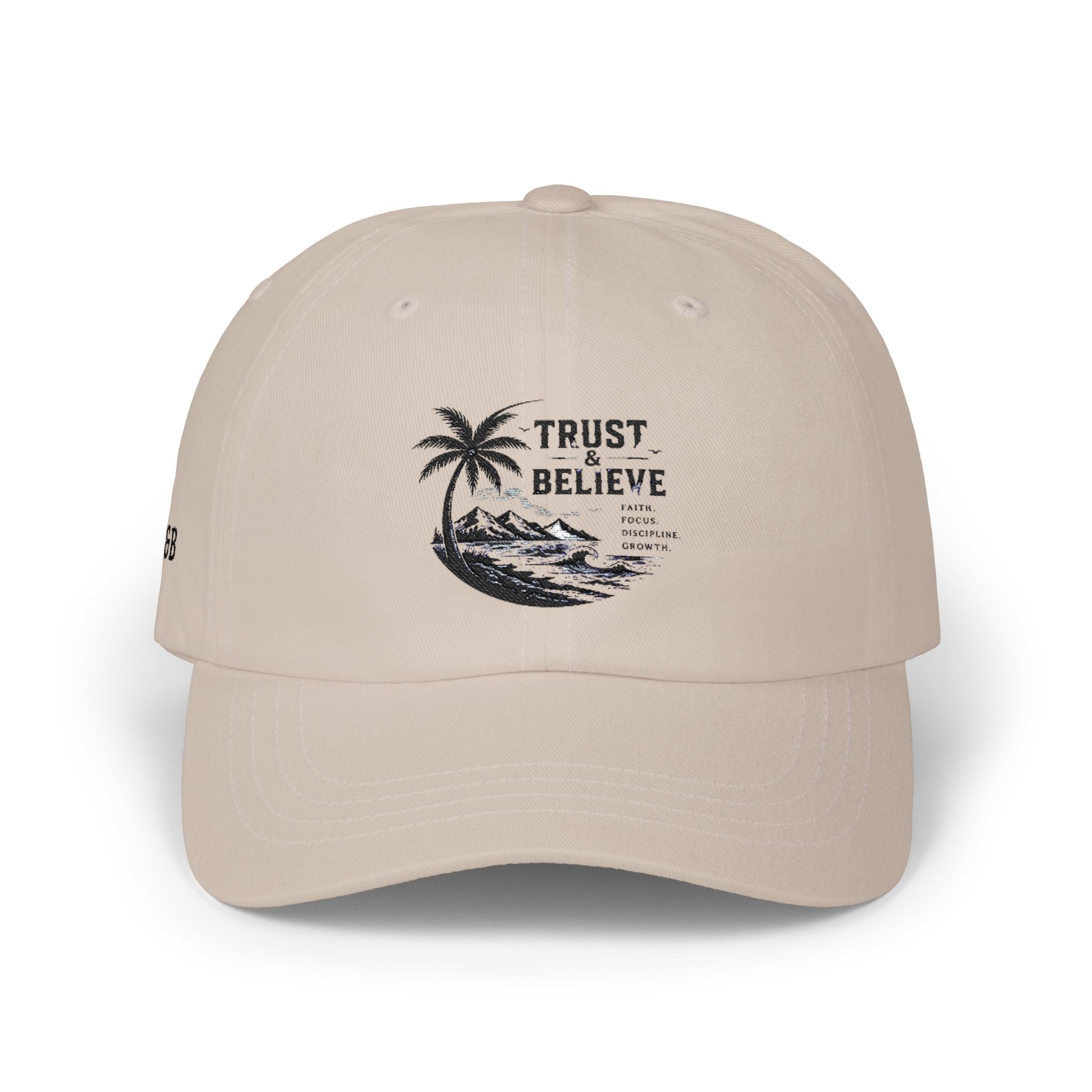 Dad Cap – "Trust & Believe" Palm Tree Wave Embroidered Hat
