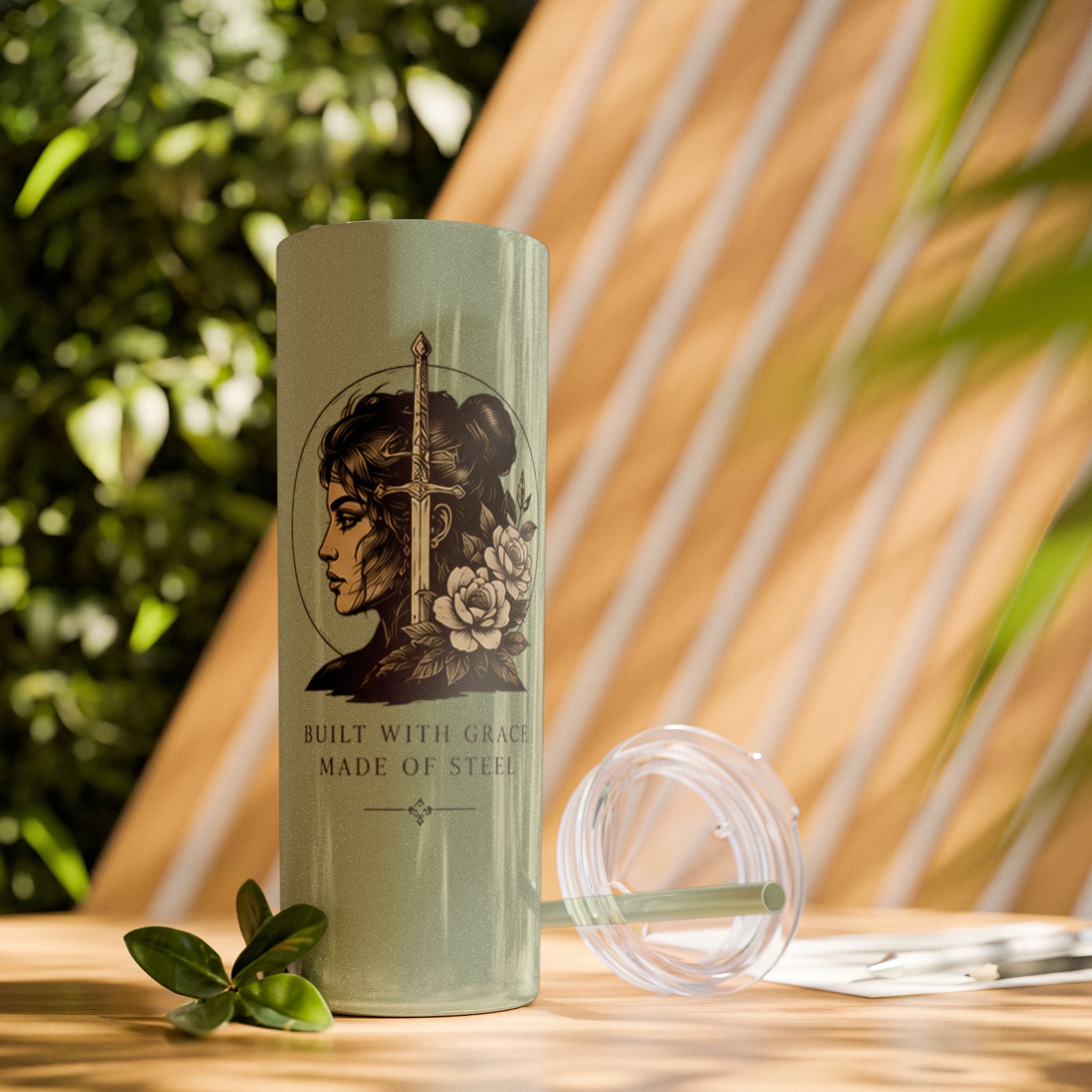 20oz Skinny Tumbler — “Built With Grace, Made of Steel” Warrior Woman Design