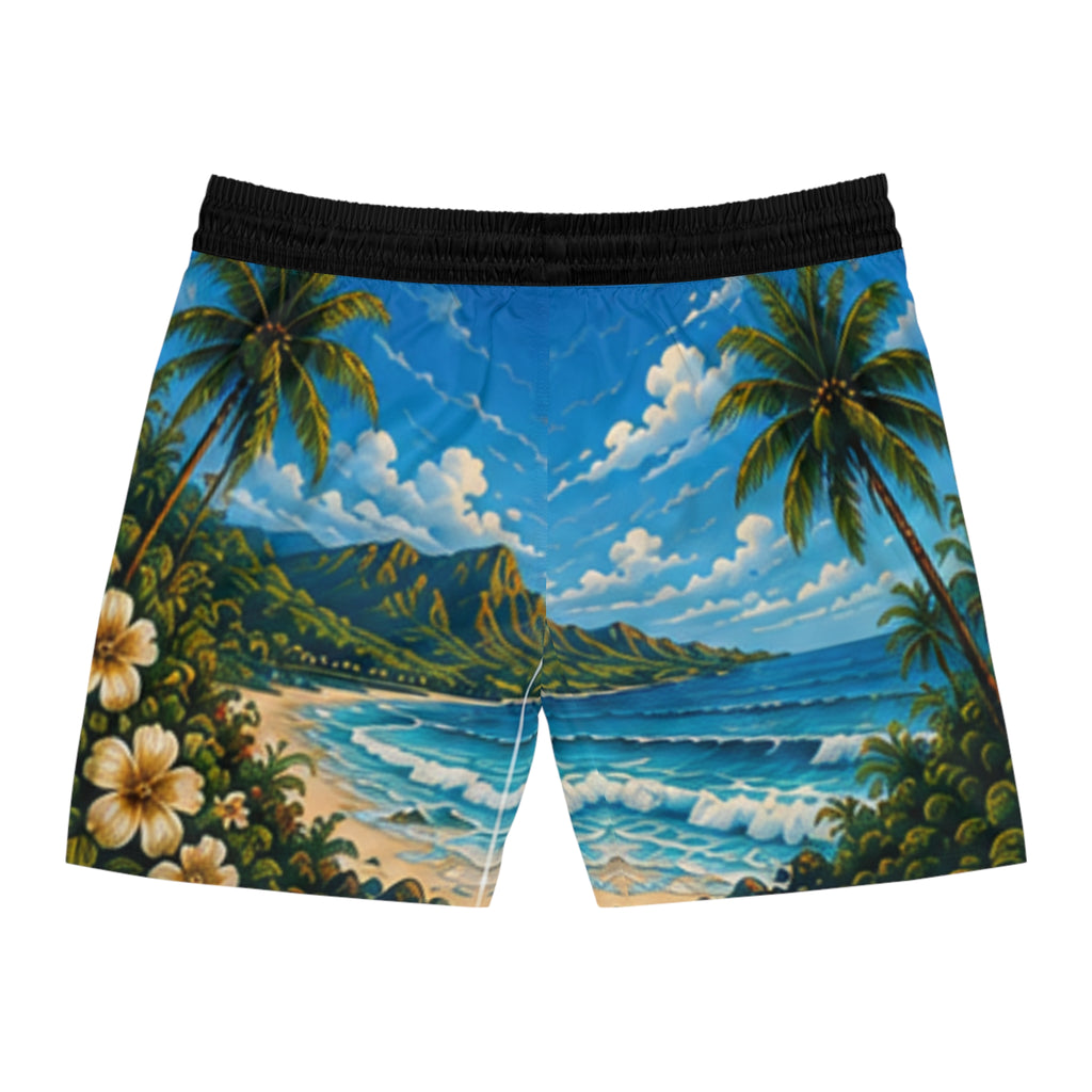 Tropical Beach Swim Shorts – Hawaiian Palm & Waves