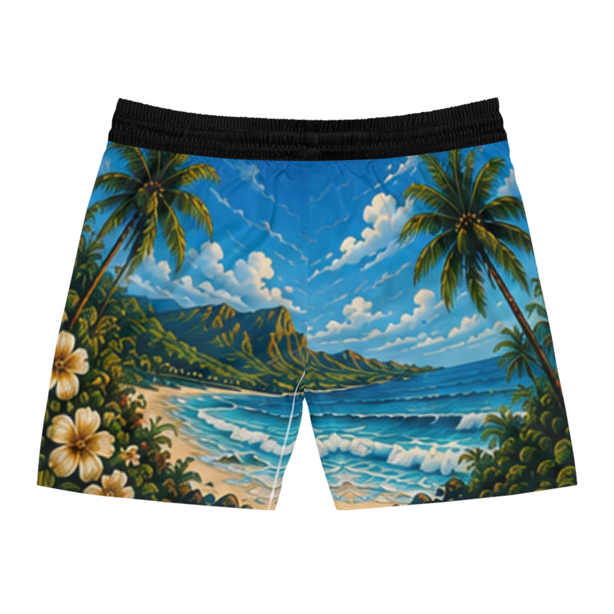 Tropical Beach Swim Shorts – Hawaiian Palm & Waves