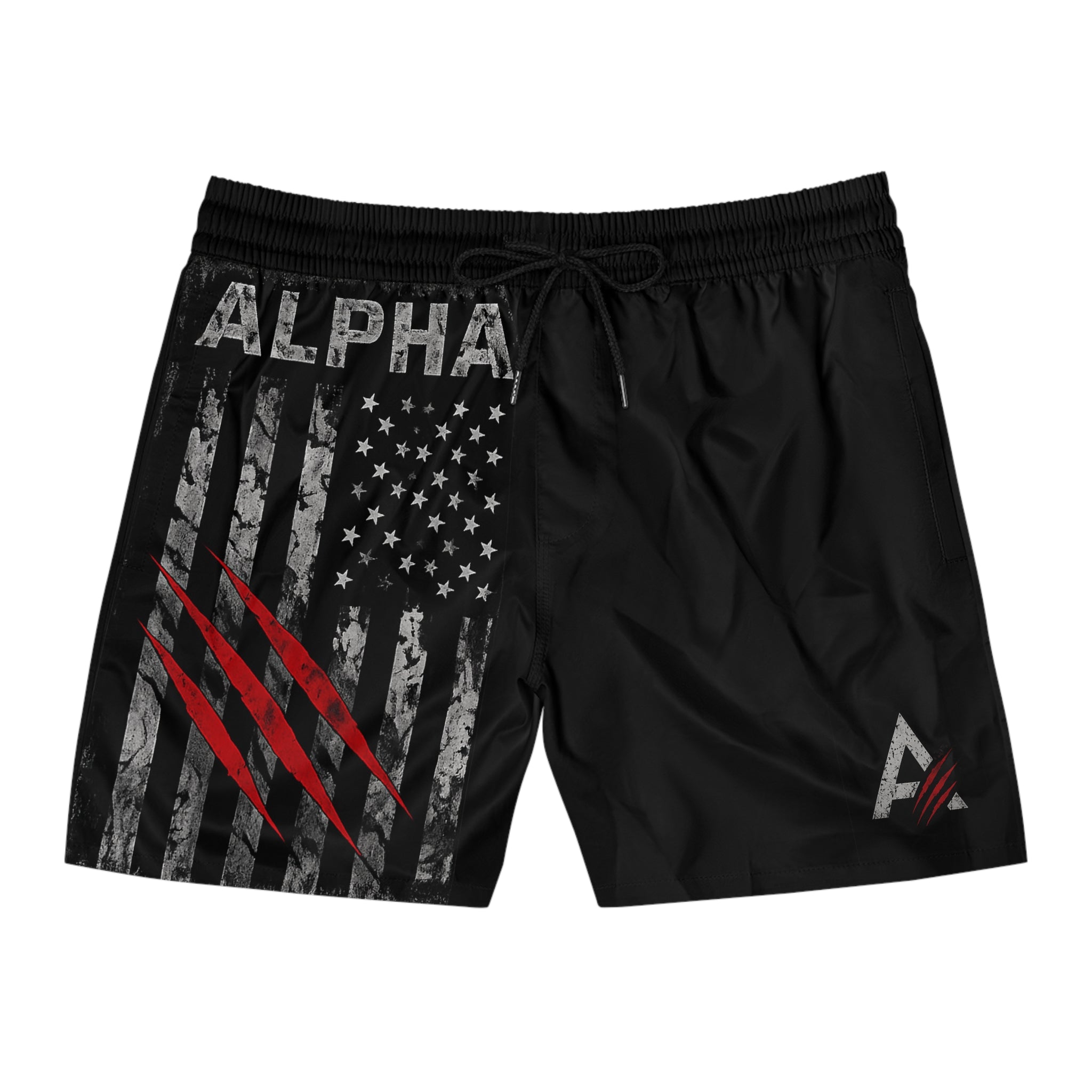 Alpha Tactical Swim Shorts — American Flag & Claw Mark Men’s Mid-Length Boardshorts