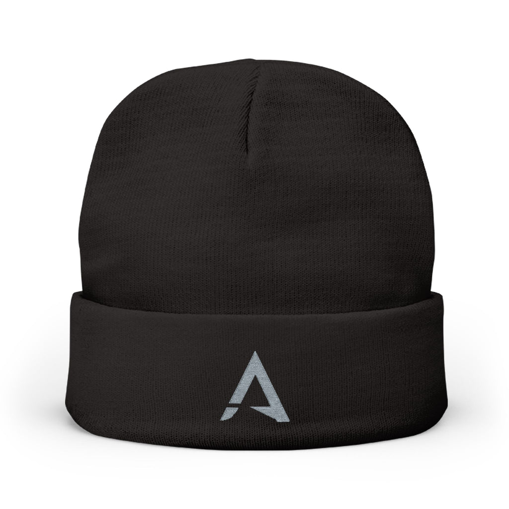 Embroidered Minimalist 'A' Knit Beanie – Black Cuffed Winter Hat