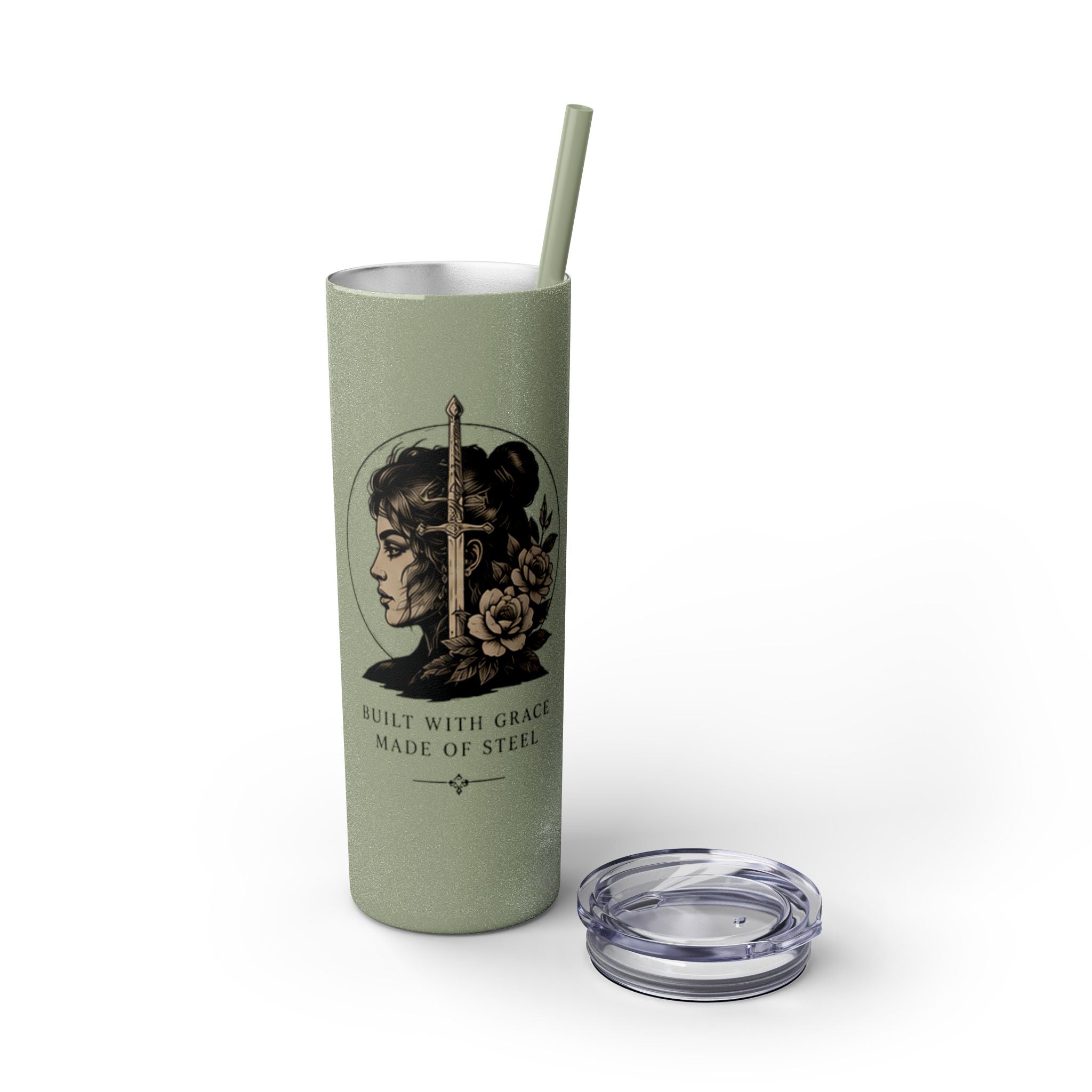 20oz Skinny Tumbler — “Built With Grace, Made of Steel” Warrior Woman Design