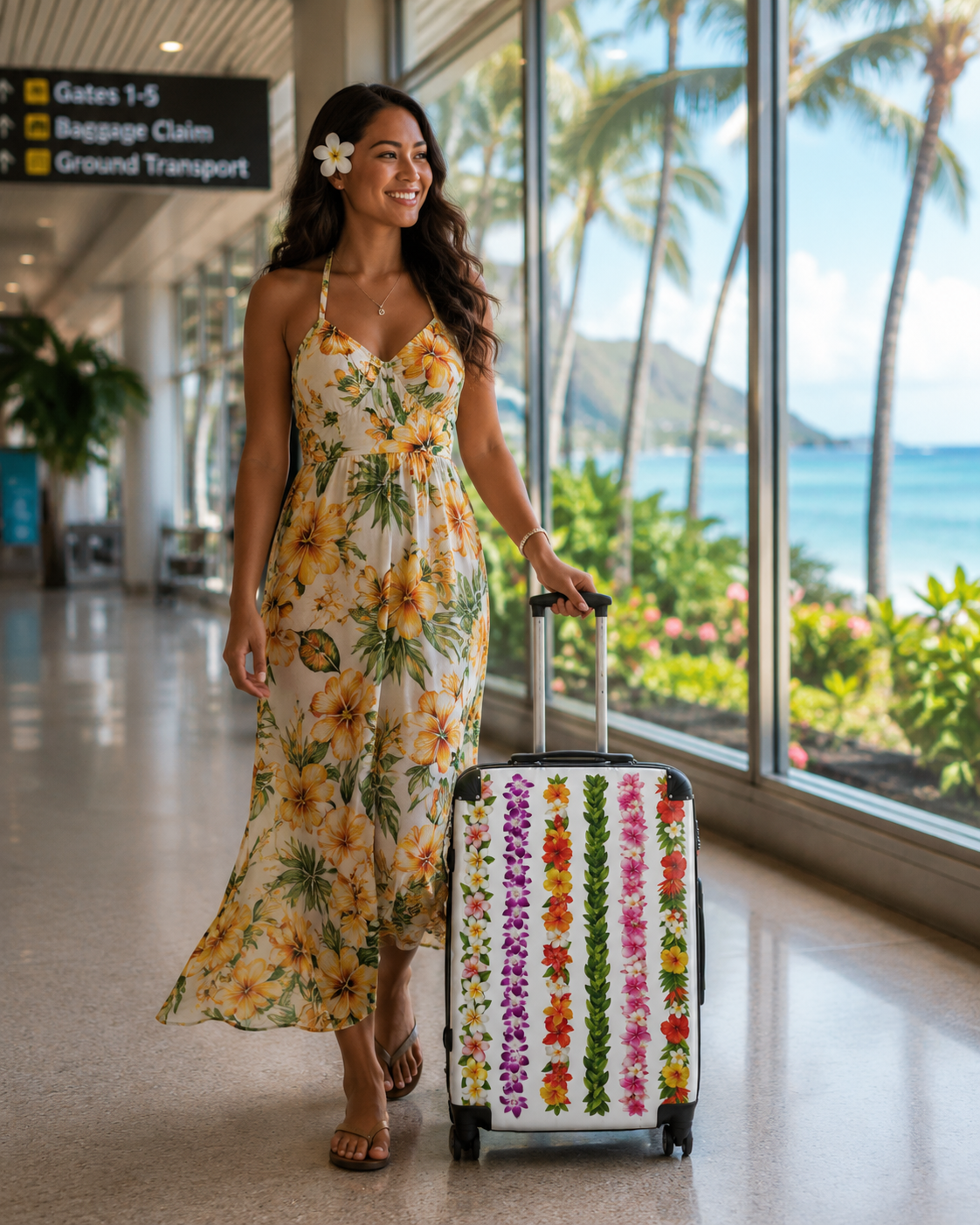Hawaiian Lei Stripe Suitcase — Floral Travel Carry-On