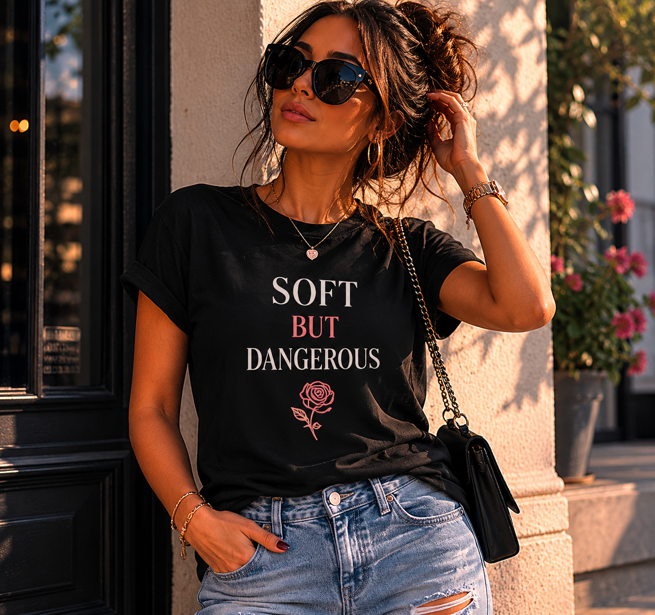 Soft But Dangerous T-Shirt — Rose Graphic Statement Tee