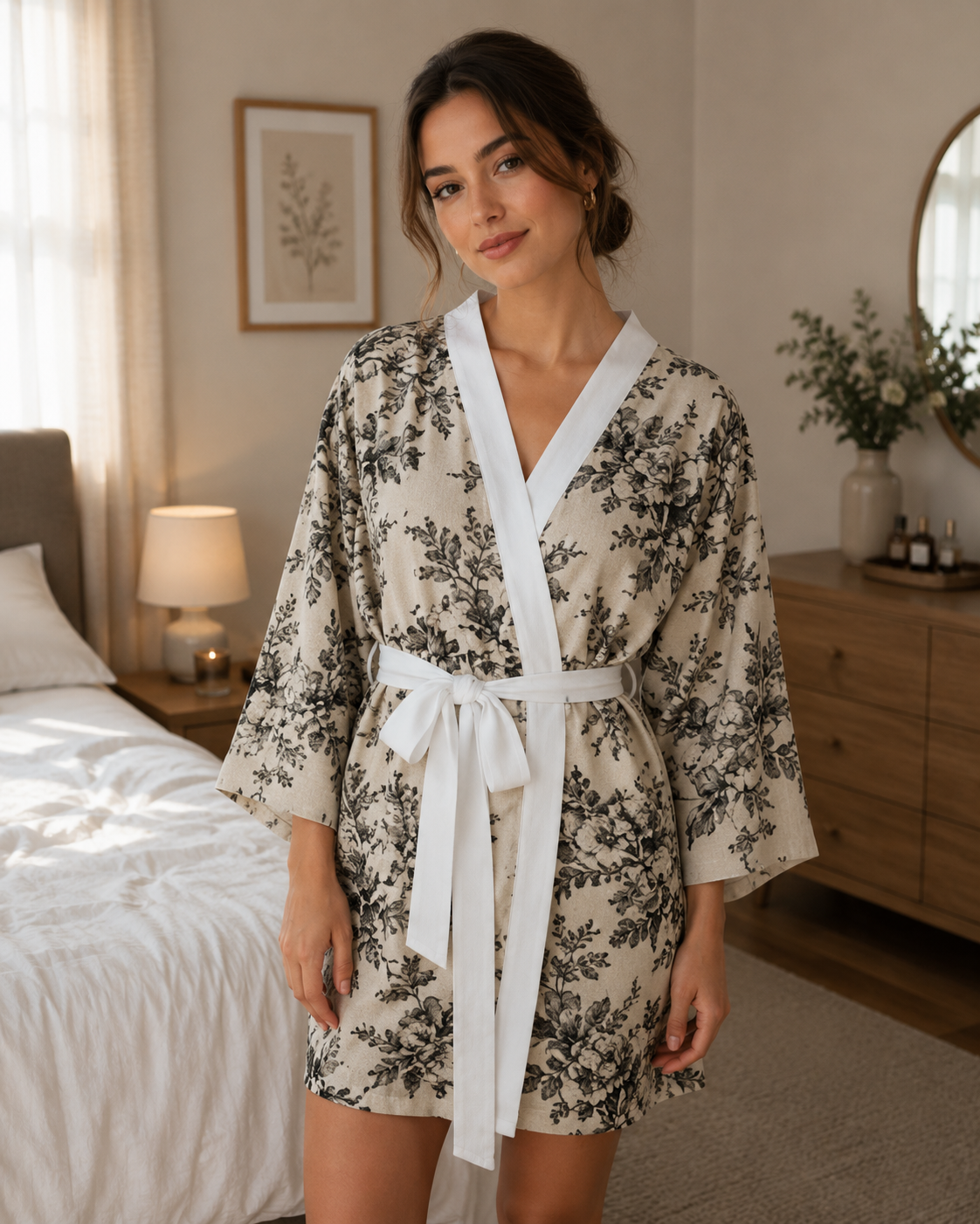 Floral Toile Kimono Robe — Long Sleeve Vintage Rose Lounge Jacket