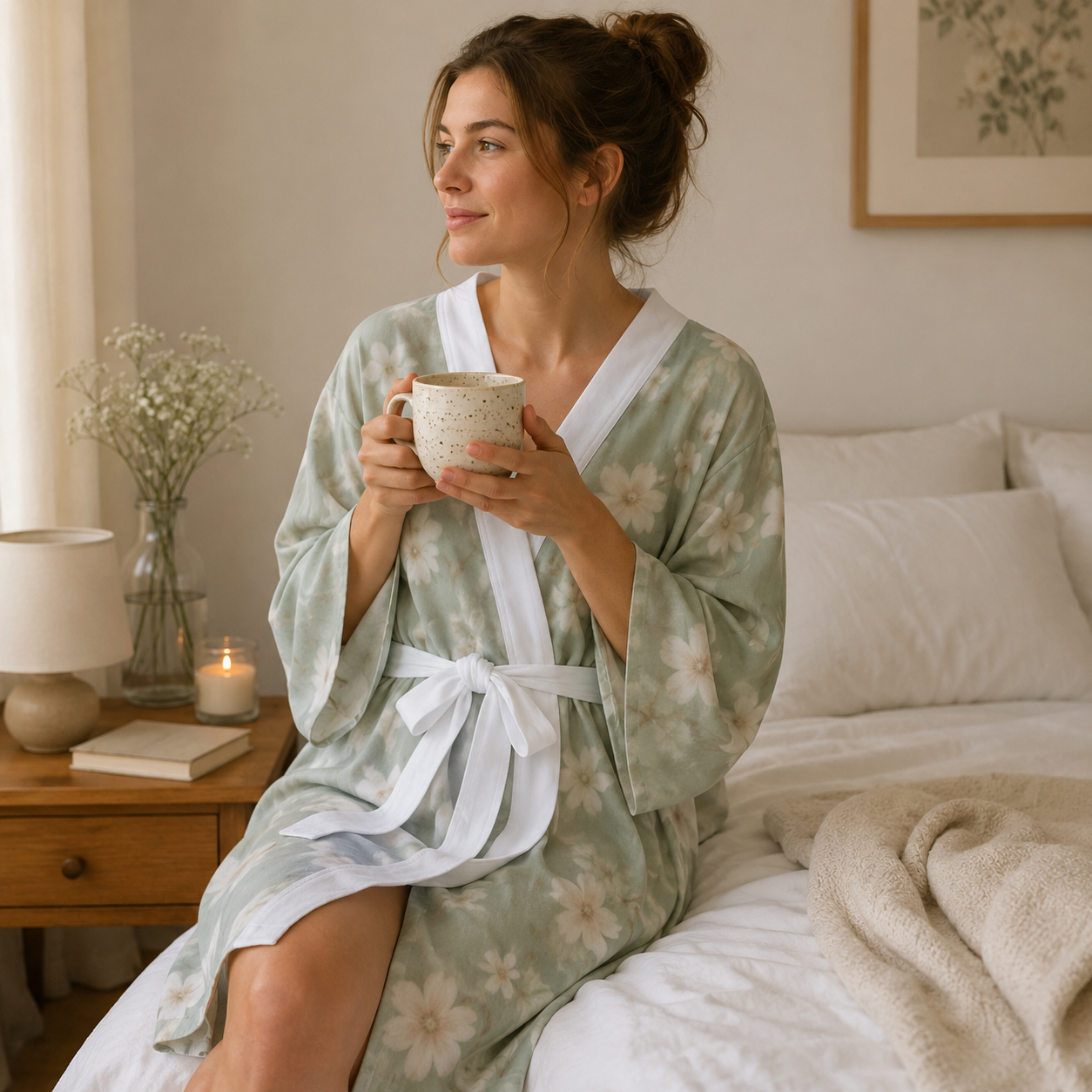 White Magnolia Kimono Robe – Floral Long Sleeve Robe