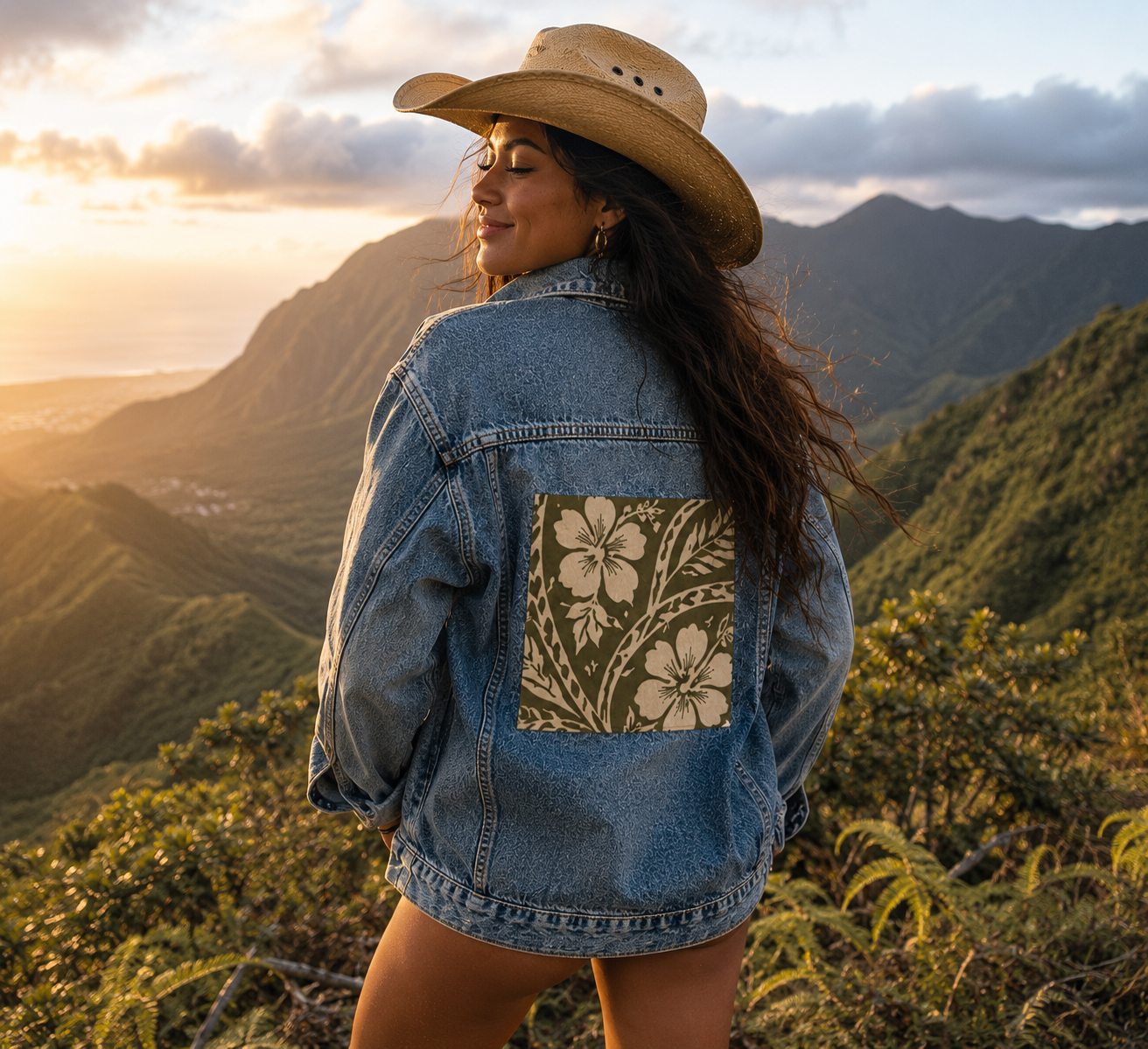 Women's Denim Jacket — Hibiscus Aloha Spirit Embroidered