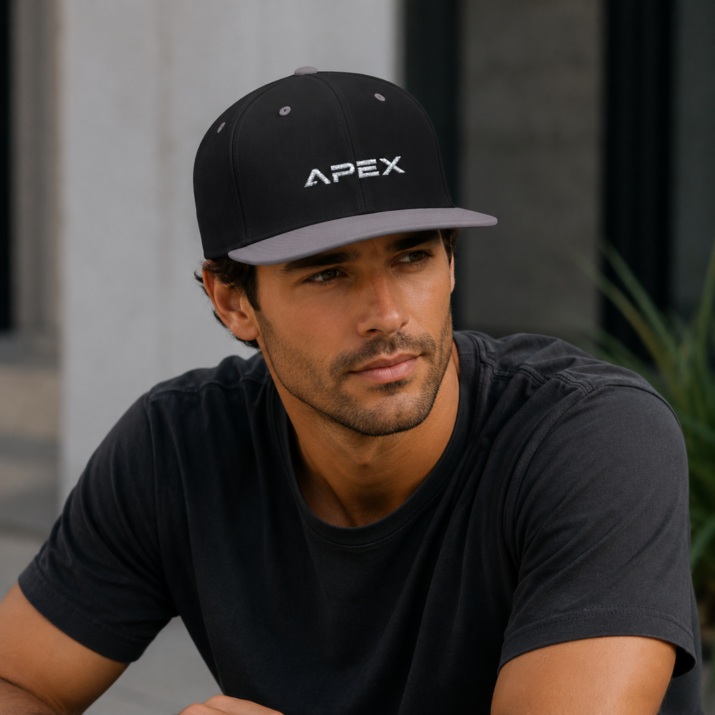 Apex Embroidered Flat Bill Snapback Hat — Stylish Black Streetwear Cap