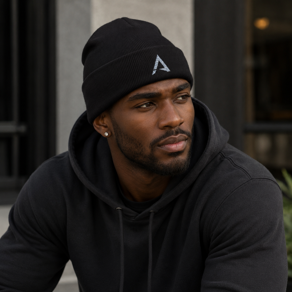 Embroidered Minimalist 'A' Knit Beanie – Black Cuffed Winter Hat