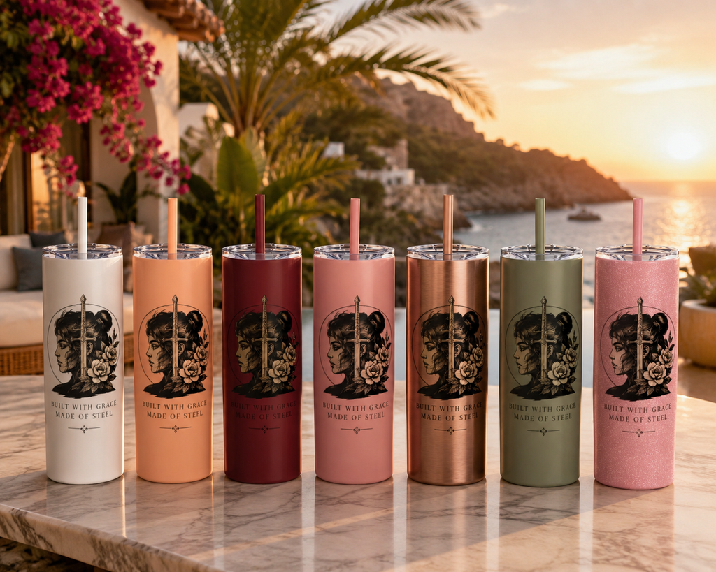 20oz Skinny Tumbler — “Built With Grace, Made of Steel” Warrior Woman Design