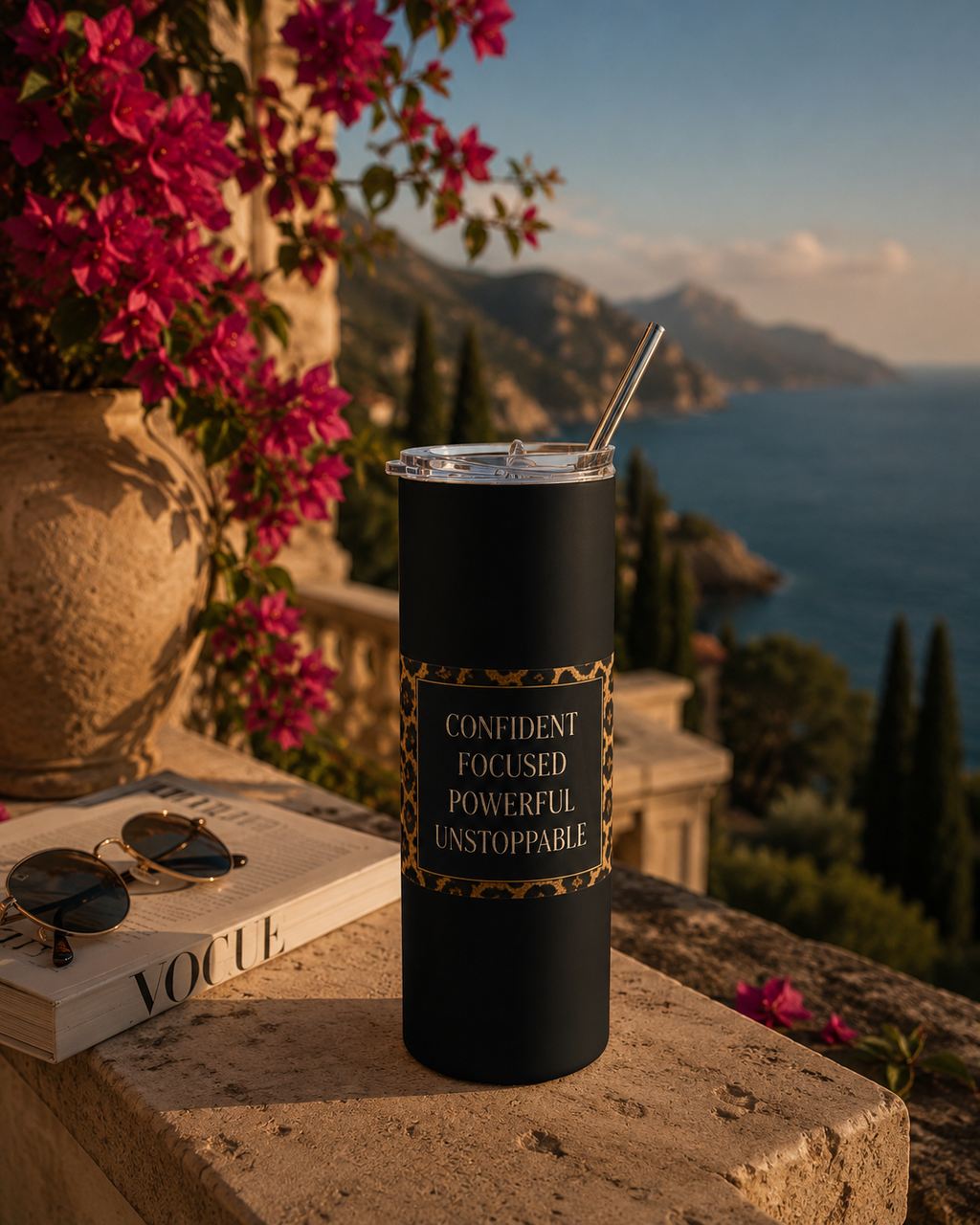 20oz Stainless Tumbler — "Confident Focused Powerful Unstoppable" Leopard Accent