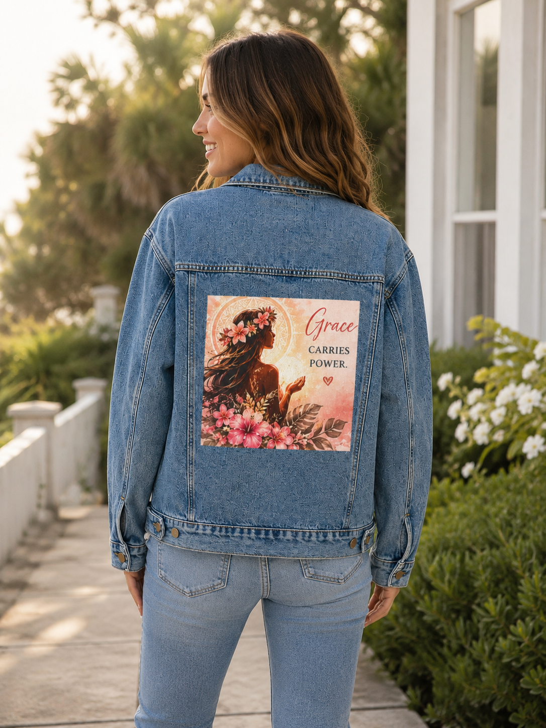 Women's Denim Jacket — "Ma femme. Grace Carries Power" Feminine Mana Design