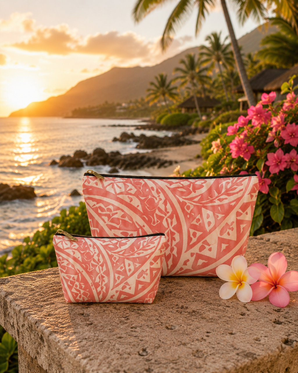 Maui Pink Lau Ti Leaf Accessory Pouch — T‑Bottom Travel Case