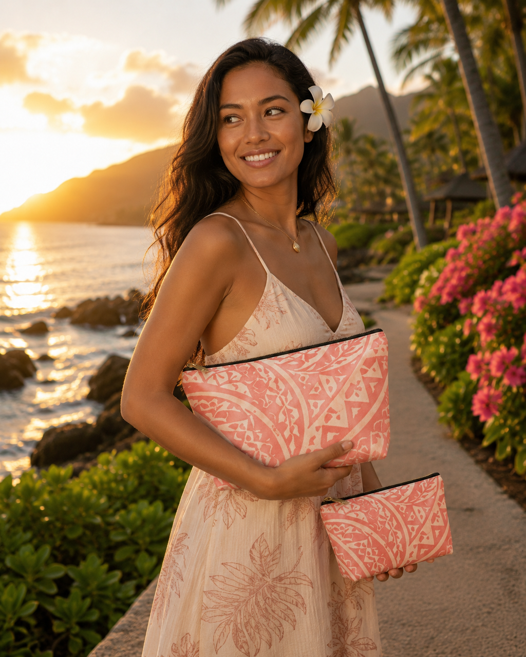 Maui Pink Lau Ti Leaf Accessory Pouch — T‑Bottom Travel Case