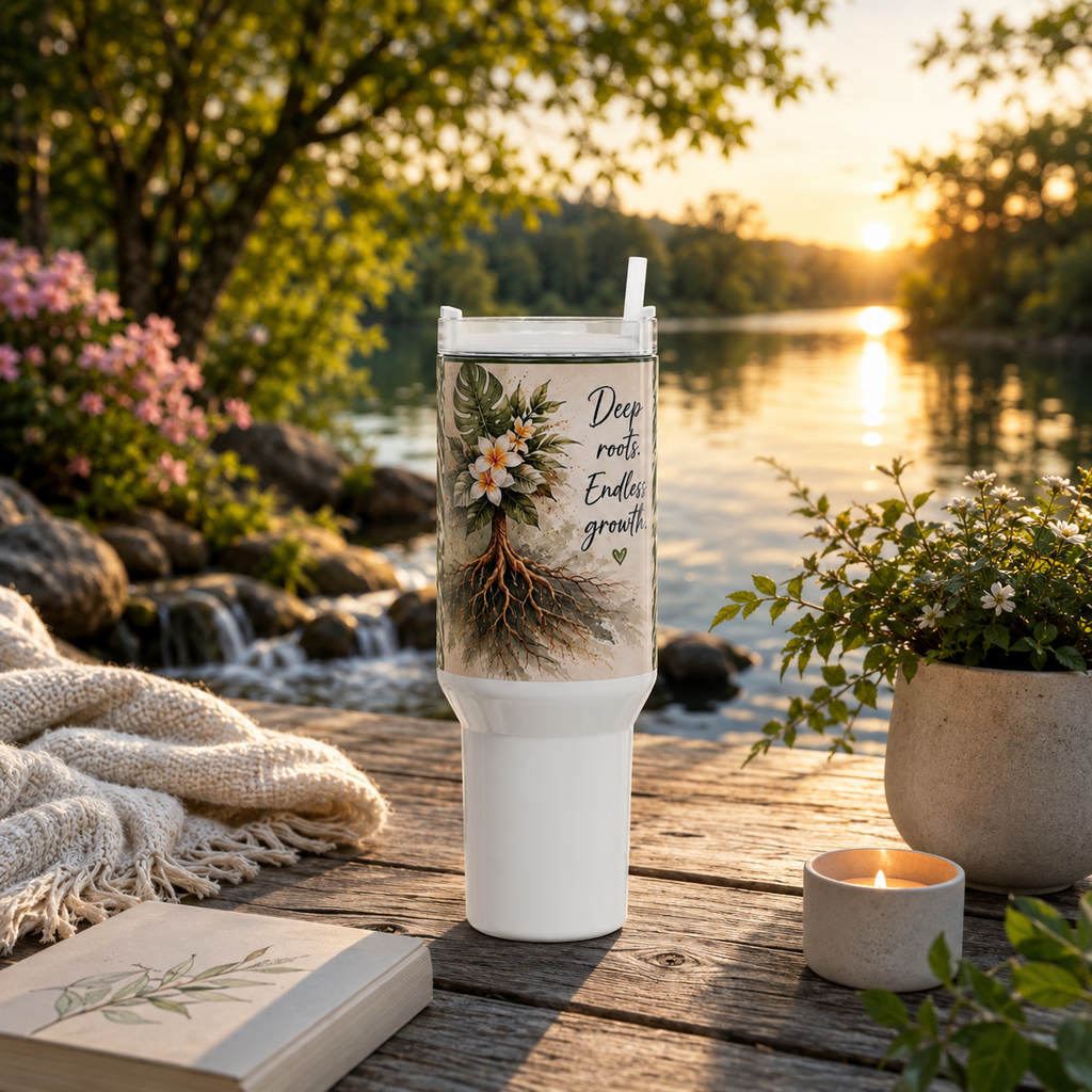40oz Floral Roots Tumbler — “Deep Roots, Endless Growth” Mauna tribal design Travel Mug