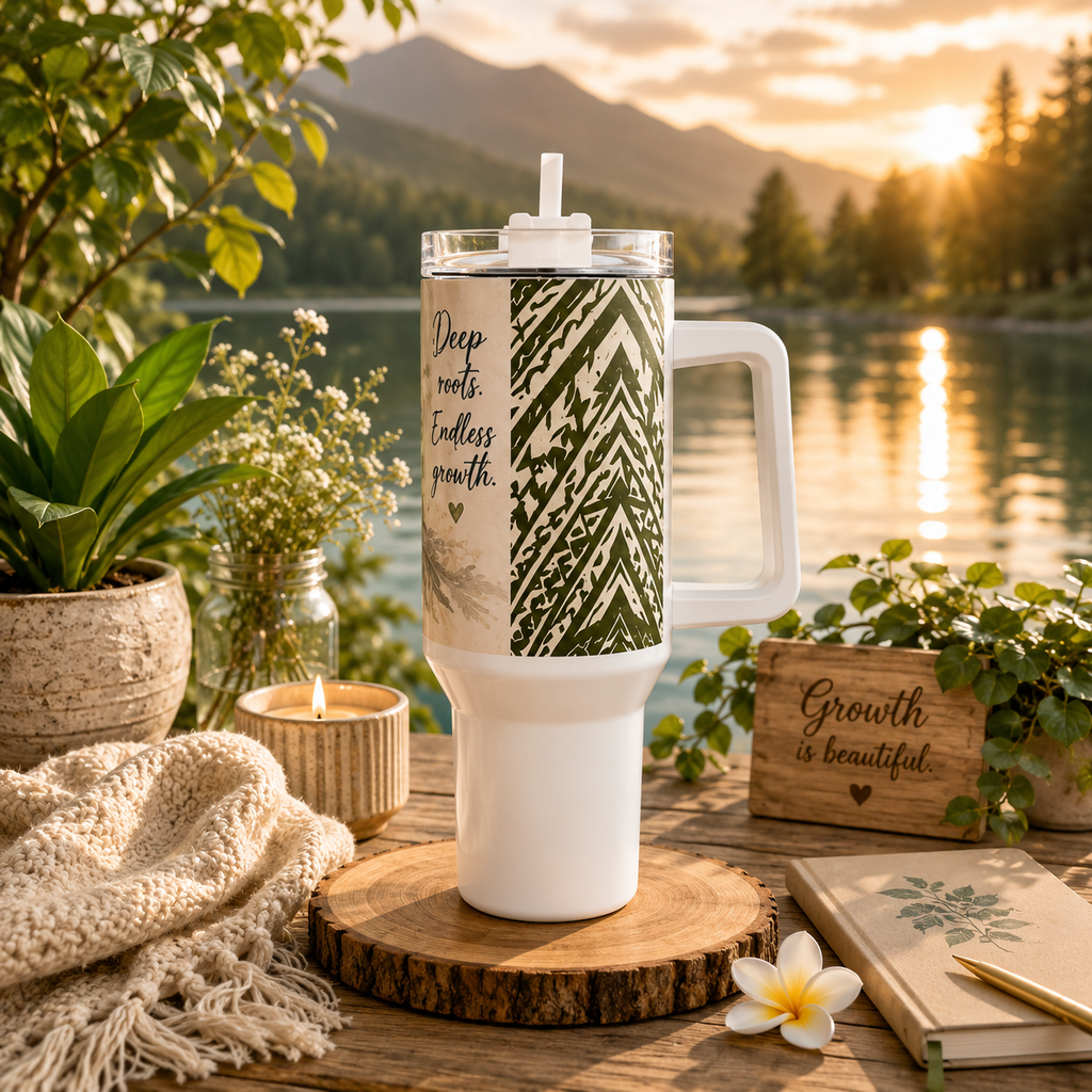 40oz Floral Roots Tumbler — “Deep Roots, Endless Growth” Mauna tribal design Travel Mug