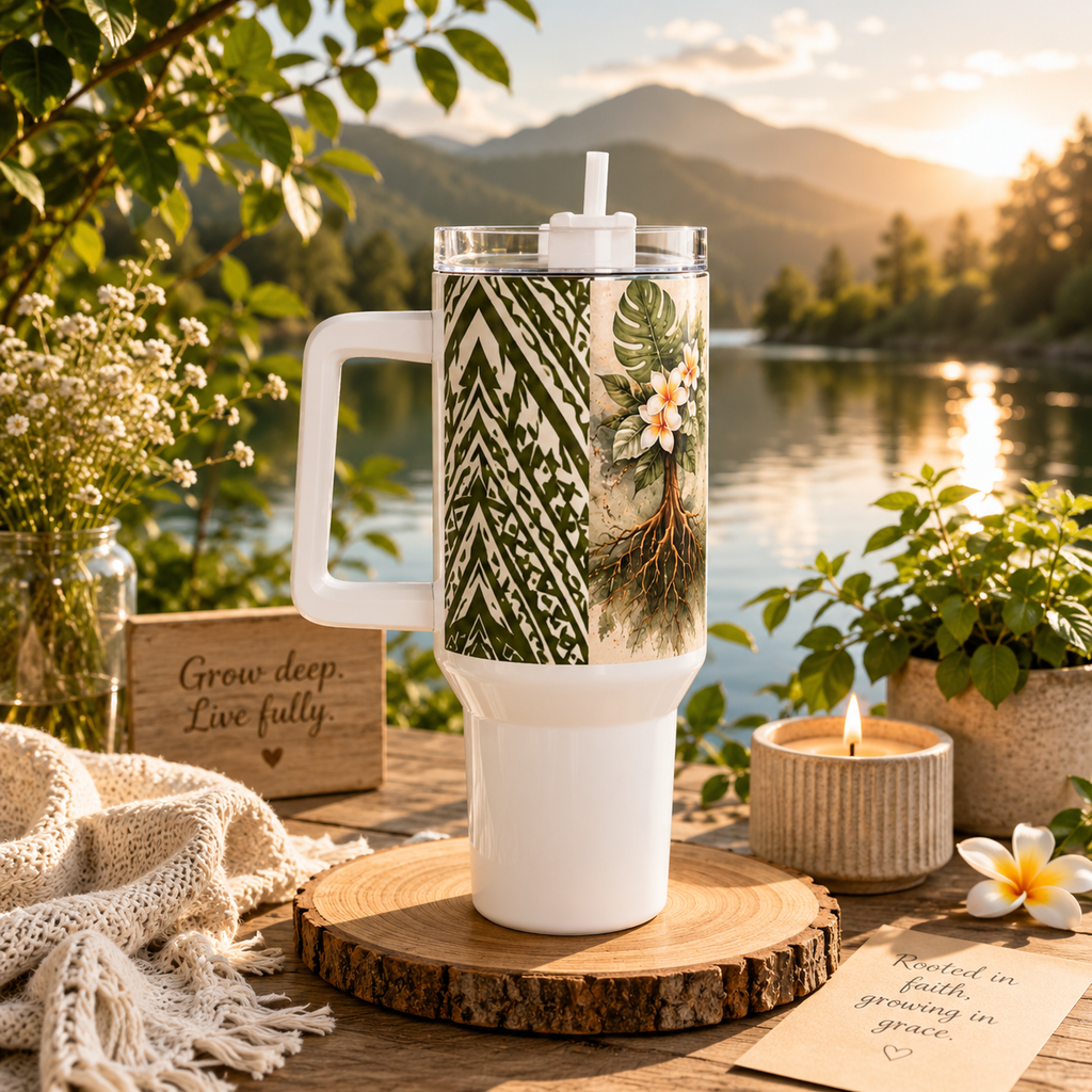 40oz Floral Roots Tumbler — “Deep Roots, Endless Growth” Mauna tribal design Travel Mug