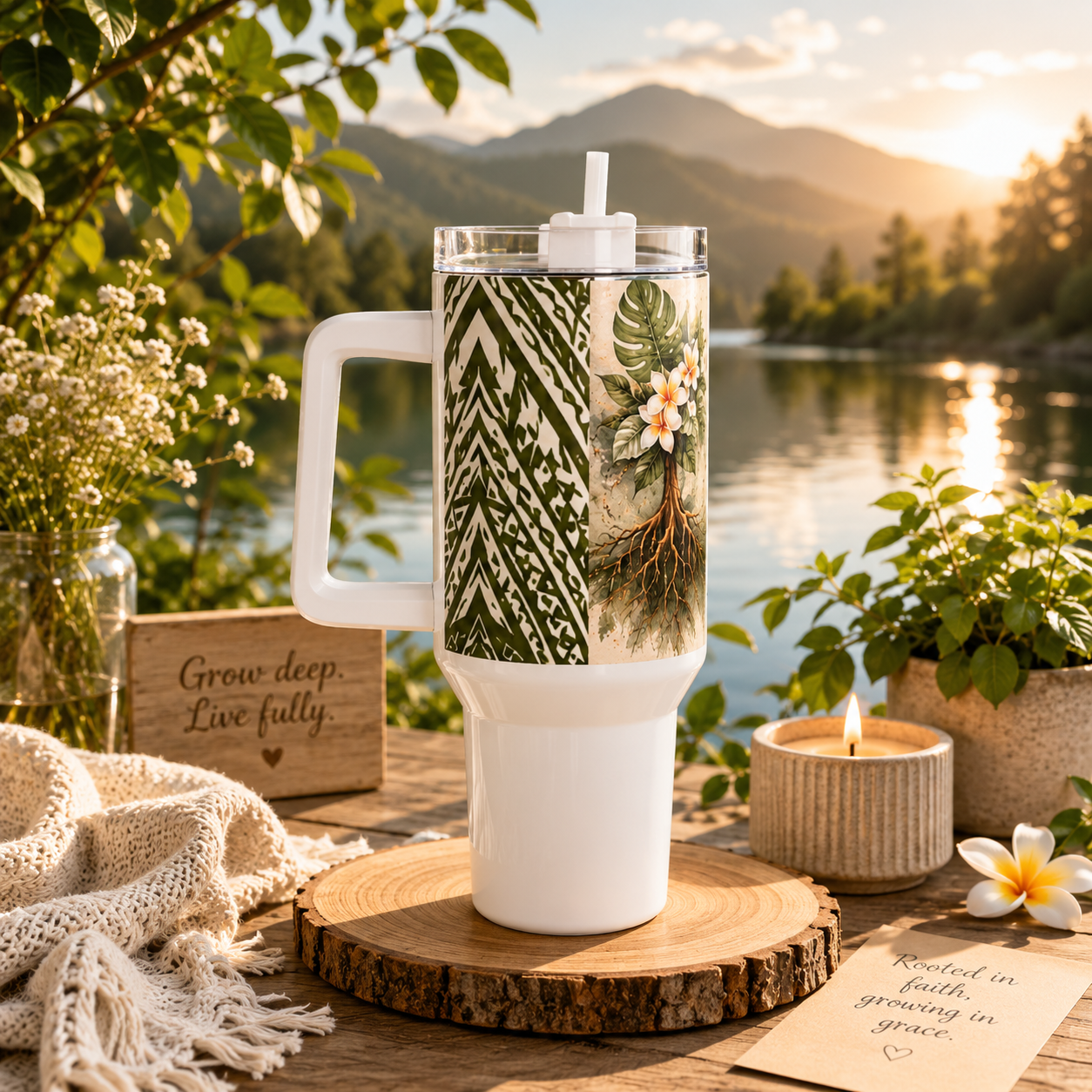 40oz Floral Roots Tumbler — “Deep Roots, Endless Growth” Mauna tribal design Travel Mug