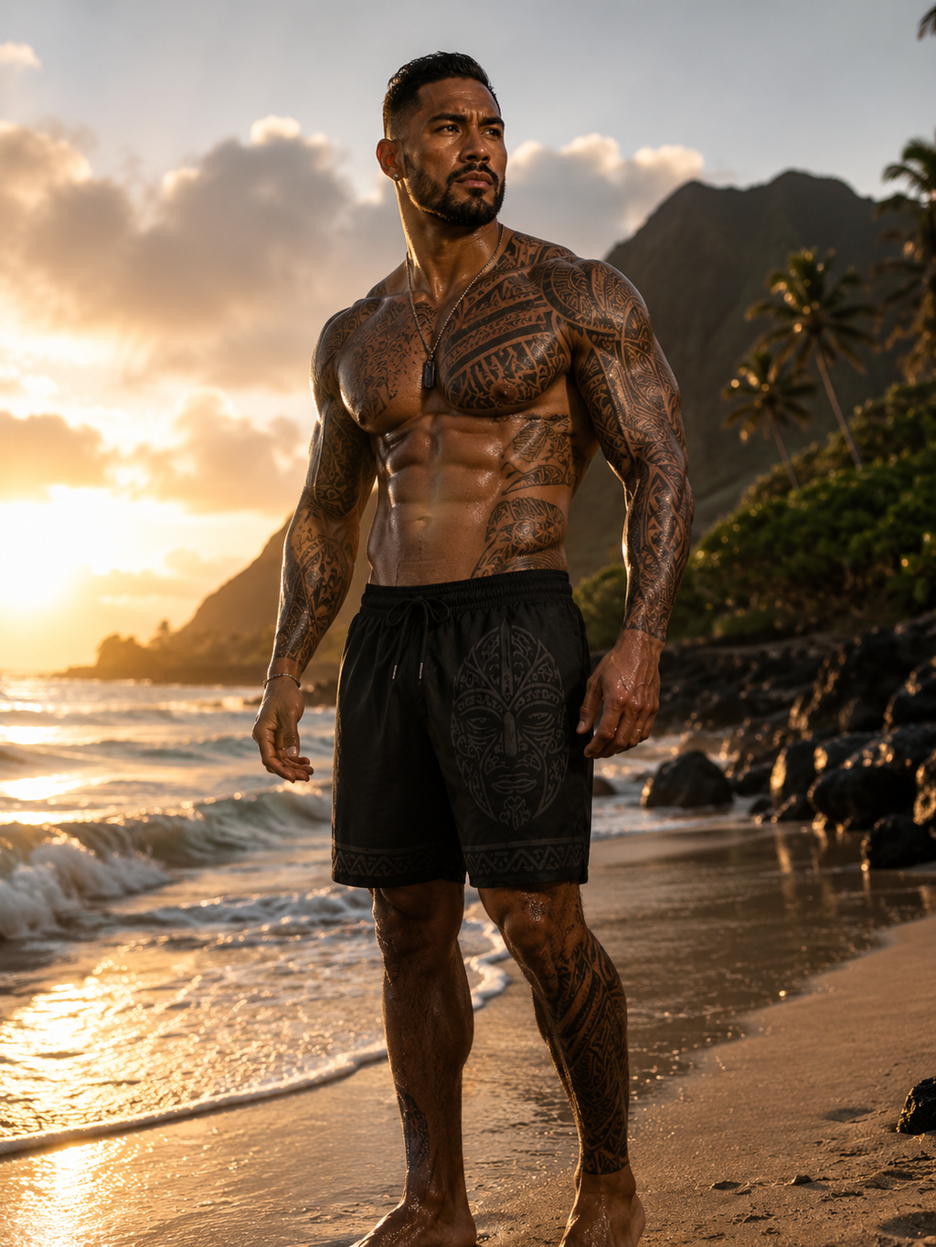 Island Warrior Tribal Mask Swim Shorts — Mid-Length Men’s Beach Trunks