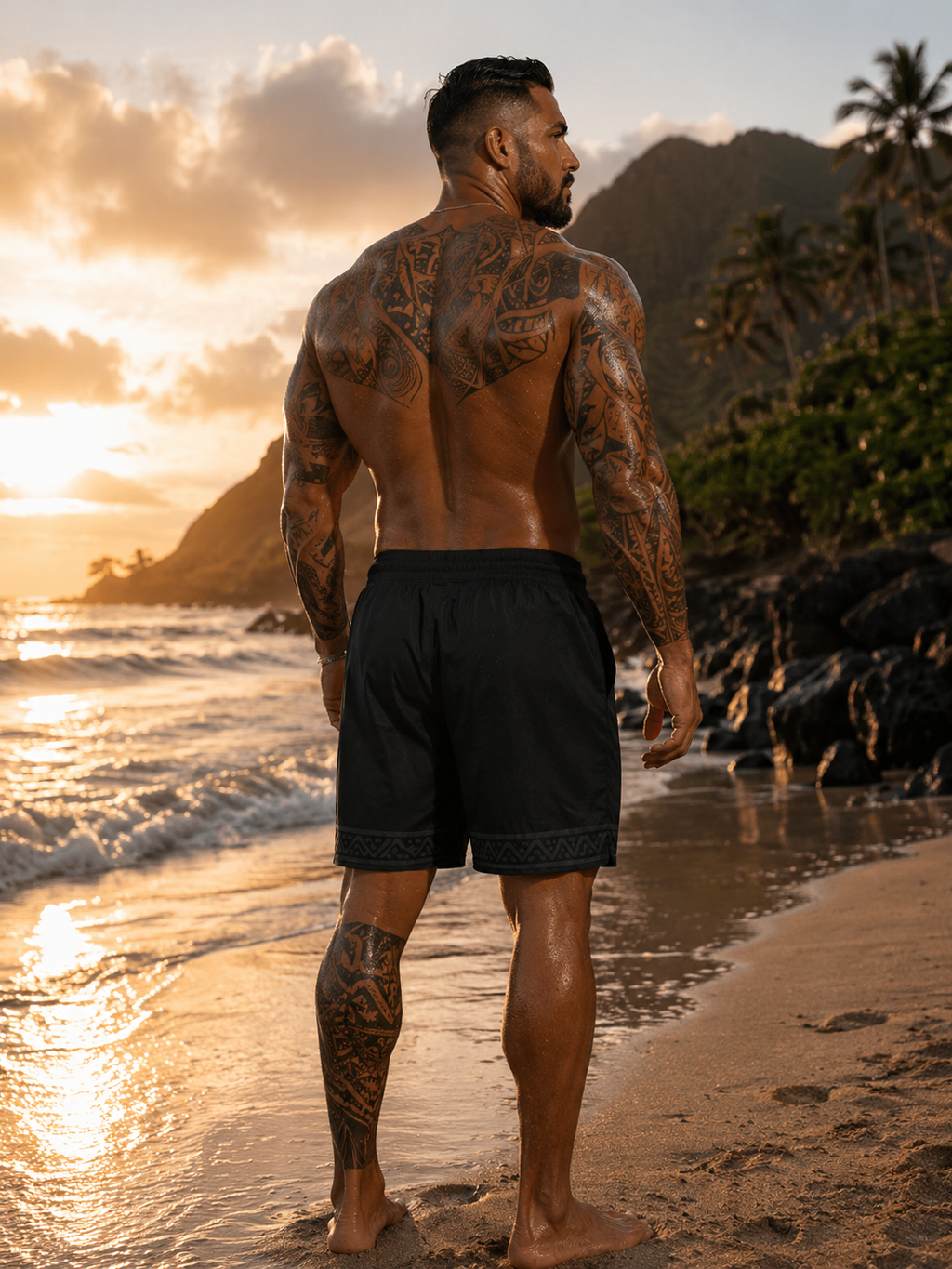 Island Warrior Tribal Mask Swim Shorts — Mid-Length Men’s Beach Trunks
