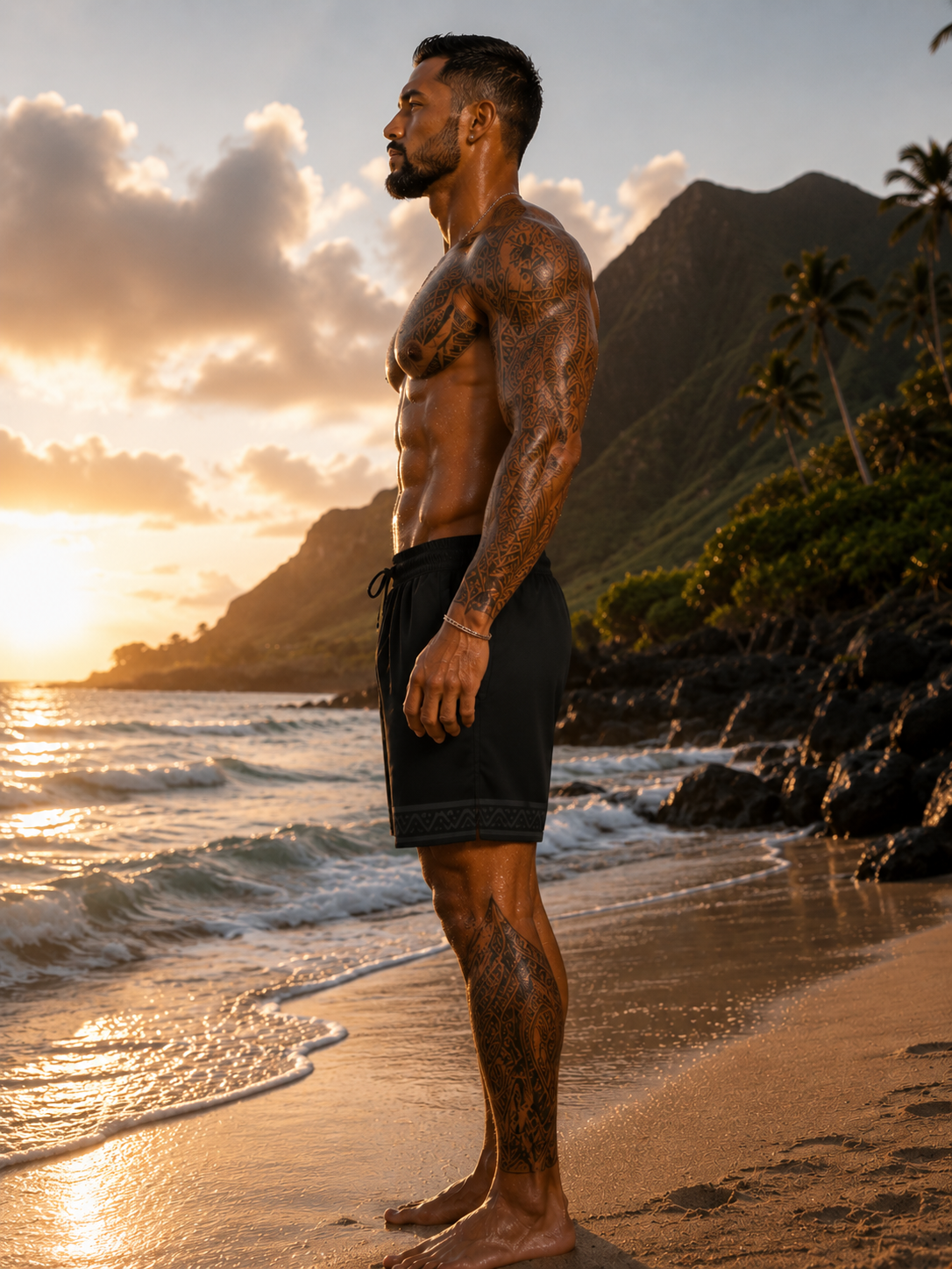 Island Warrior Tribal Mask Swim Shorts — Mid-Length Men’s Beach Trunks
