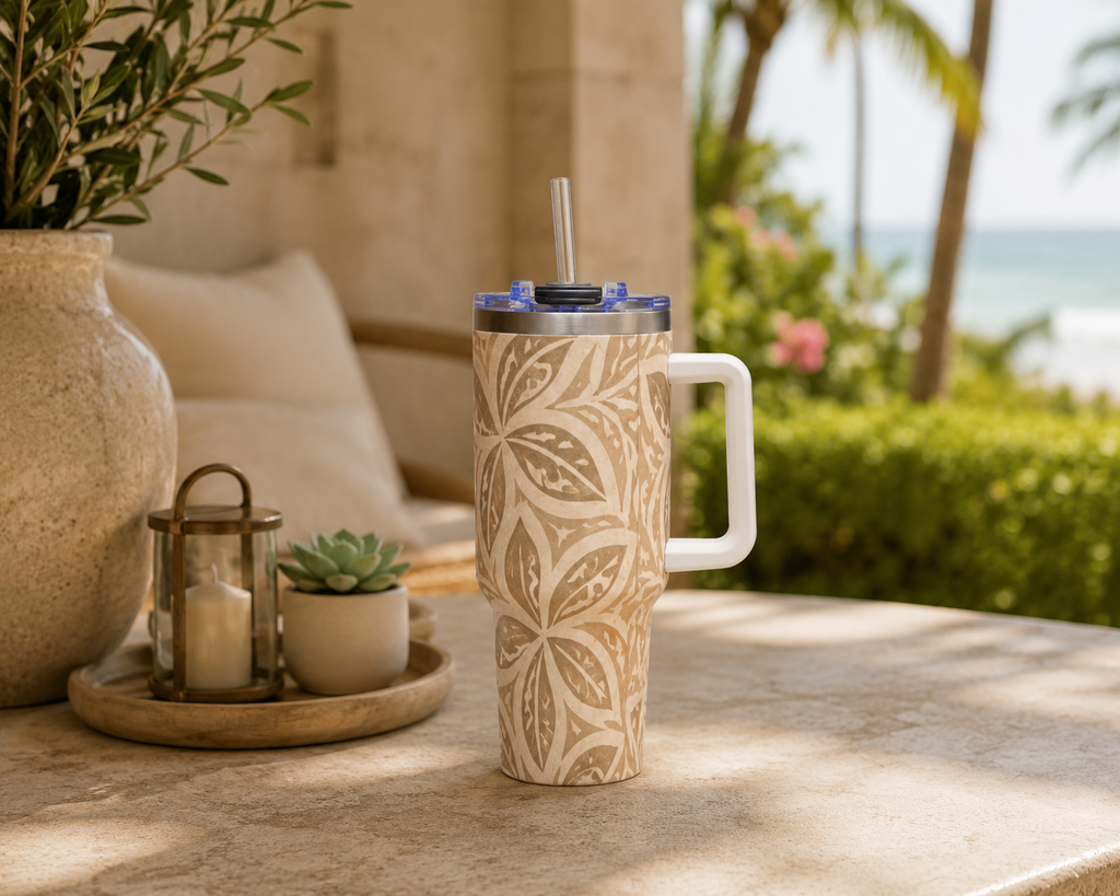 40oz Thermal Tumbler — Beige Floral Mandala Insulated Travel Cup