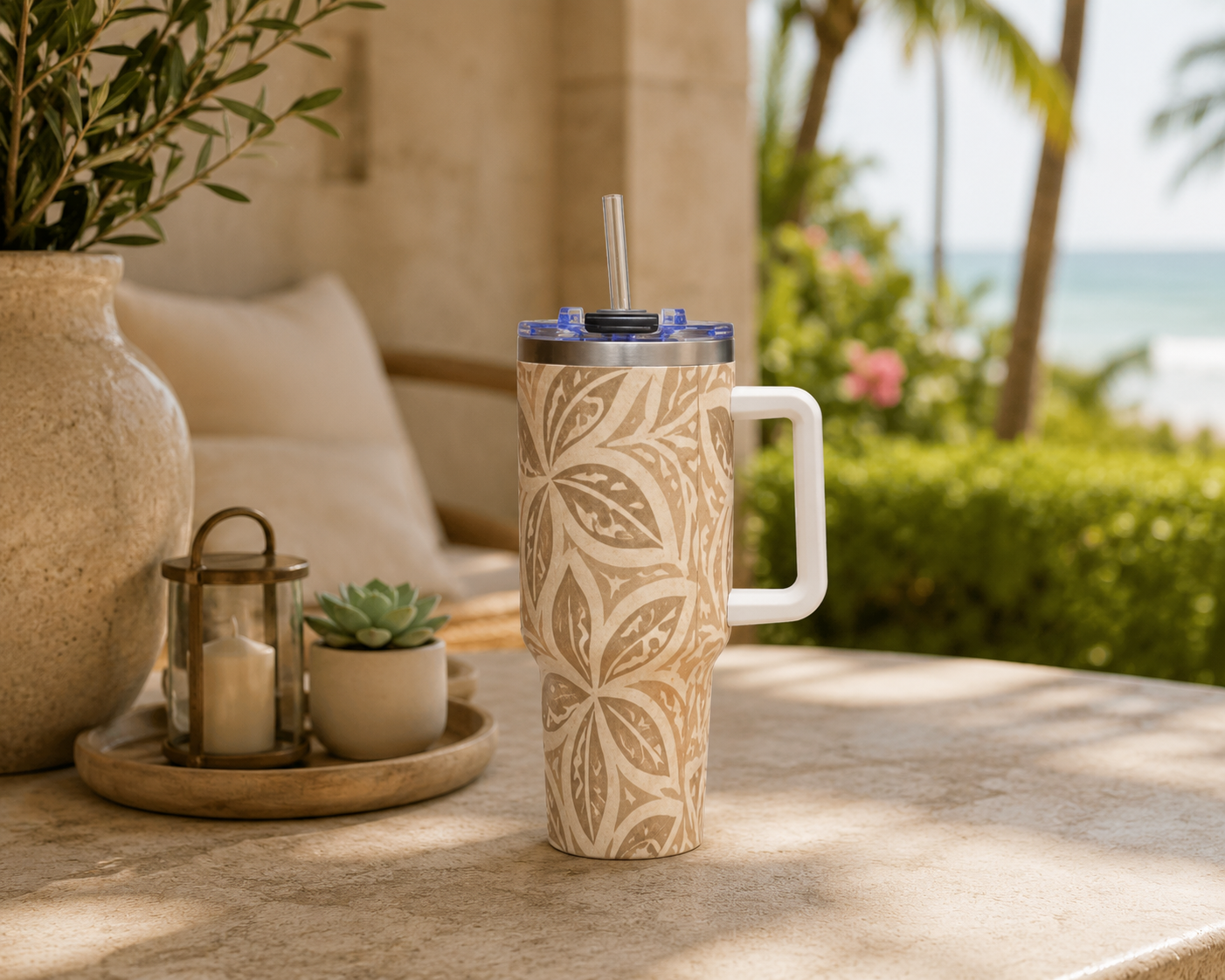 40oz Thermal Tumbler — Beige Floral Mandala Insulated Travel Cup
